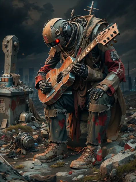 wasteland，(A very poor old mech sitting on a rock playing guitar:1.3)，(the guitar player)，(Sitting:1.2)，rust，Wearing tattered ar...