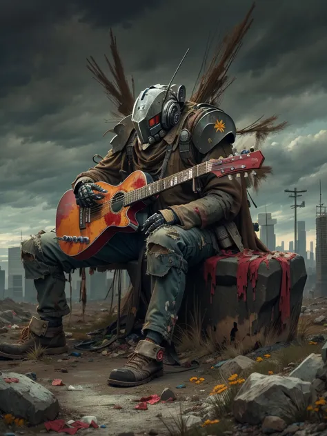 wasteland，(A very poor old mech sitting on a rock playing guitar:1.3)，(the guitar player)，(Sitting:1.2)，rust，Wearing tattered ar...