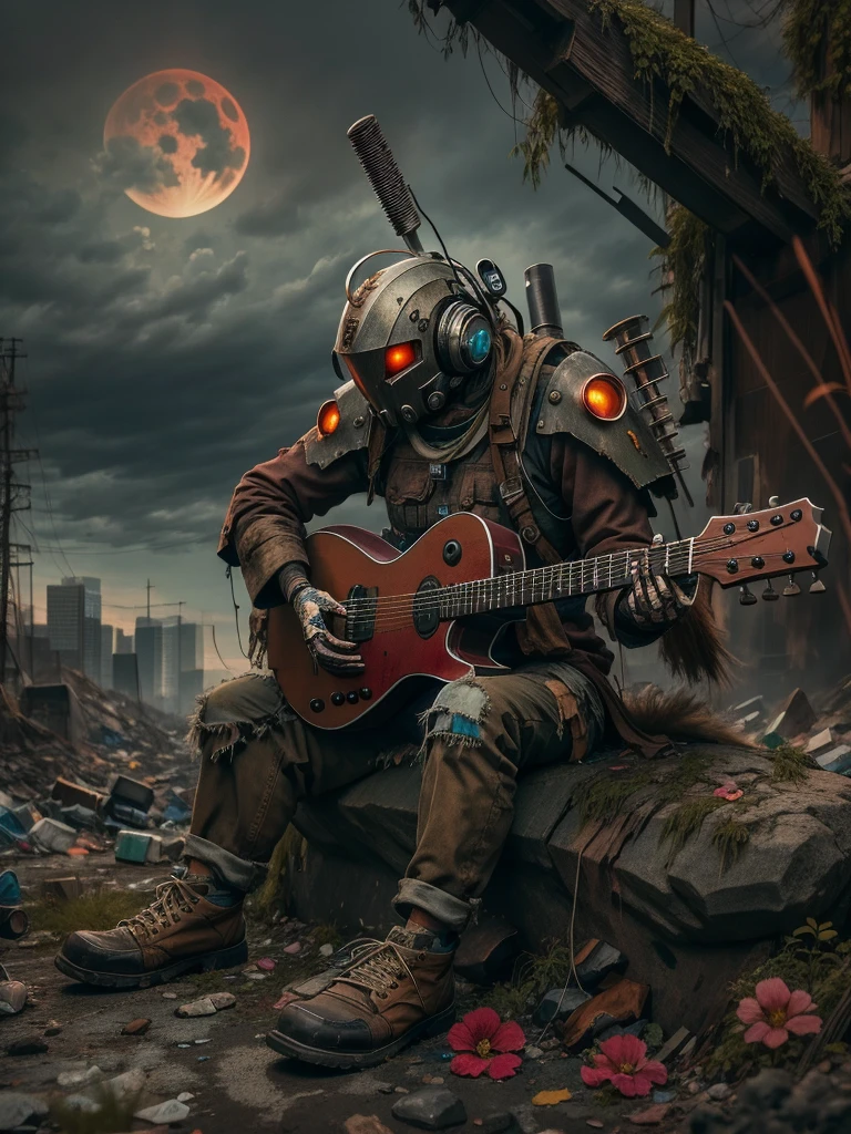 wasteland，(A very poor old mech sitting on a rock playing guitar:1.3)，(the guitar player)，(Sitting:1.2)，rust，Wearing tattered armor，The skyline in the distance，Gothic，moss，（A small white flower），（Cemetery），Gothic Church，（Blood red moon），Gothic Elements，wildfires，cold，gloomy