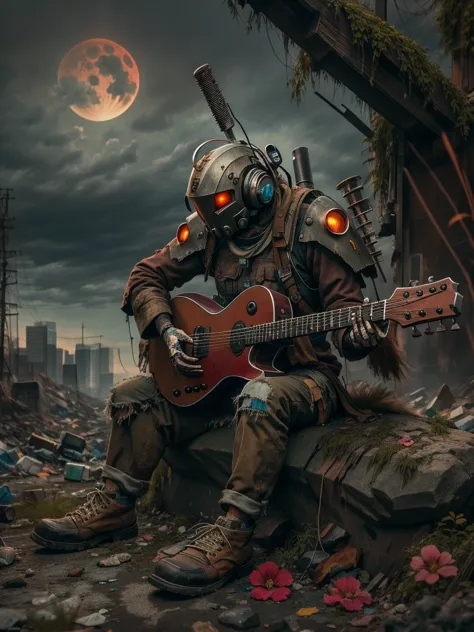 wasteland，(A very poor old mech sitting on a rock playing guitar:1.3)，(the guitar player)，(Sitting:1.2)，rust，Wearing tattered ar...