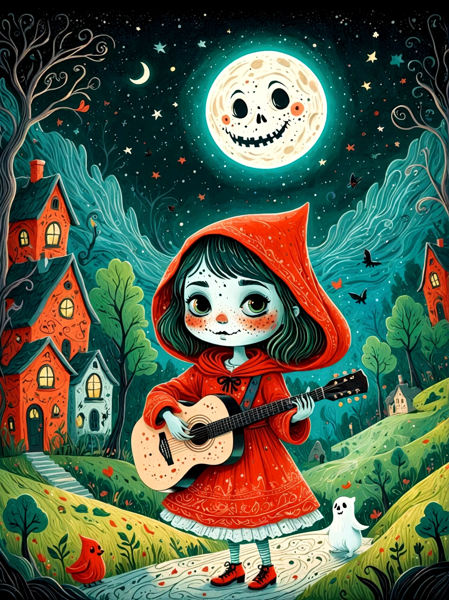 Cartoon hand drawn, 1girl, solo, Cute young charming little red riding hood girl，Strong zombie makeup, Playing an old guitar，the guitar player，(Ghost Crowd)，Ghost Viewer，(Concert scene:1.5)，Starry nights，Gloomy and foggy atmosphere，The cute absurdity，The attraction and rejection of extraordinary appearance，Magical naive art，Bright blue and green，The color palette is in red, orange and black tones and has a sketchy style, The background should have a simple hand-drawn doodle pattern, 1shxx1