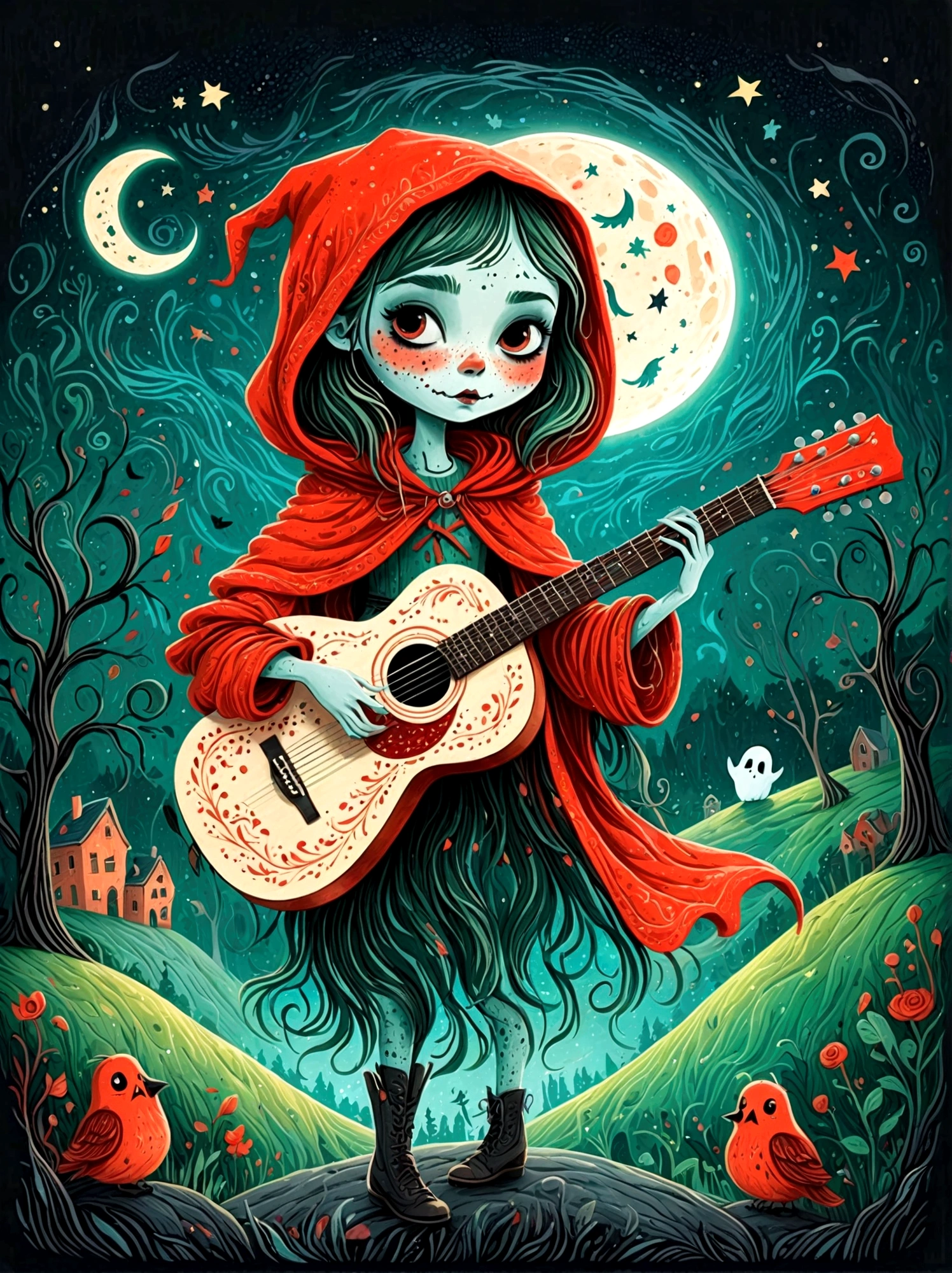 卡通手绘, 1個女孩, 獨自的, 可爱年轻迷人的小红帽女孩，浓浓僵尸妆, 弹奏一把旧吉他，吉他手，(幽灵人群)，幽灵观察者，(演唱會現場:1.5)，繁星點點的夜晚，陰沉有霧的氣氛，可爱的荒谬，非凡外表的吸引与拒绝，神奇的天真藝術，明亮的蓝色和绿色，调色板是红色, 橙色和黑色的色调，具有粗略的风格, 背景应该有简单的手绘涂鸦图案, 1shxx1