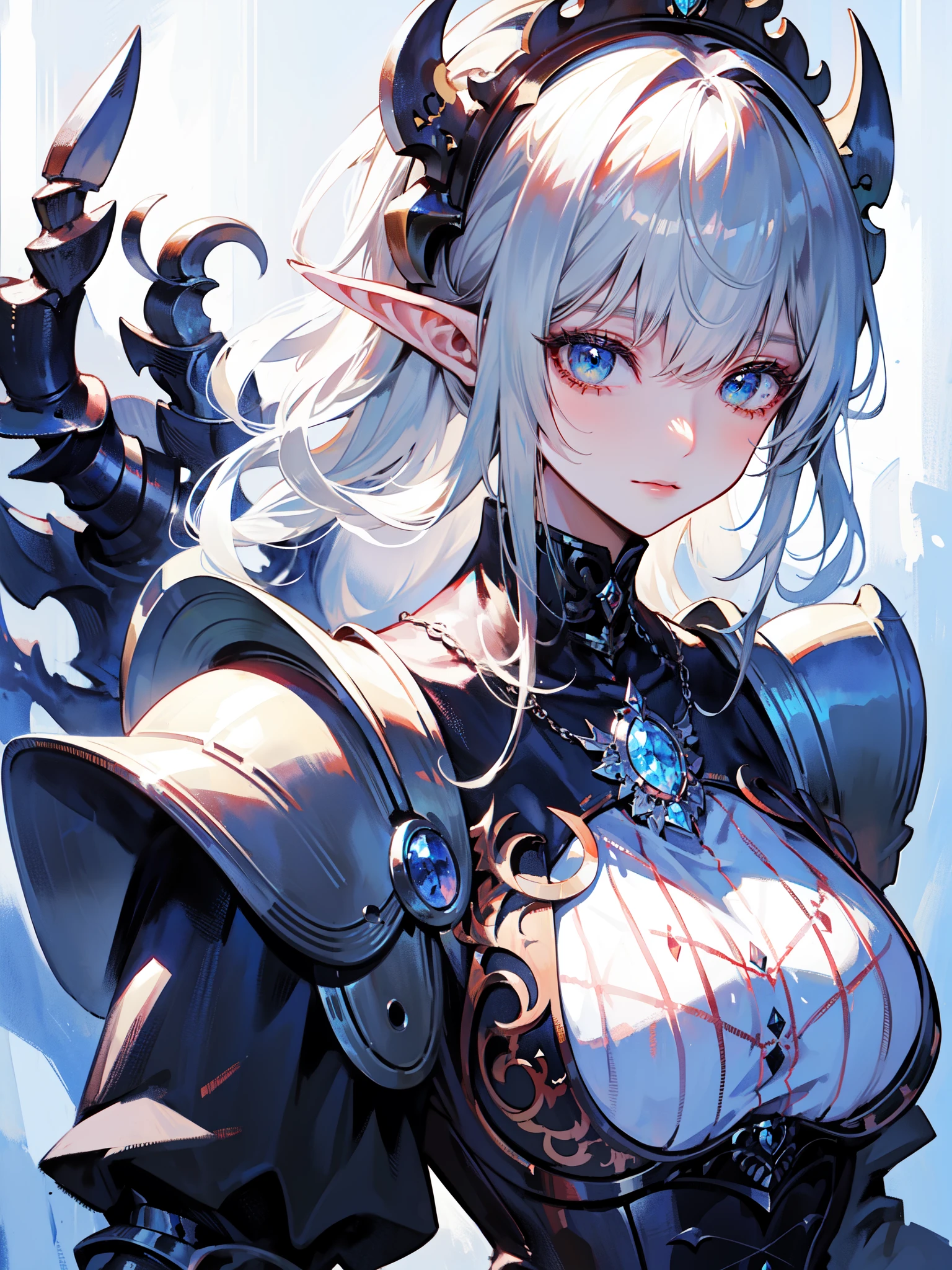 a elf woman wearing a long-sleeved and intricate Gothic maid outfit with details of small accessories, white hair, blue eyes. She wears massive gauntlet with claw and (wears armor to protect her shoulders and chest), by Artgem, Dynamic shot, Dynamic pose, Hayao Miyazaki, Mikimoto Haruhiko, frank frazetta, Cinematic Dramatic atmosphere, fantasy, 8k, watercolor painting