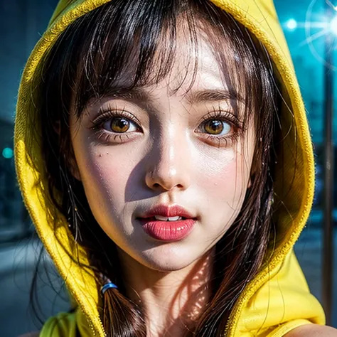 NSFW, (Girl in ((Yellow)) Pikachu hood), (naked hoodie, hood loosely open) . masterpiece 8K best quality, (RAW PhotoRealistic Hy...