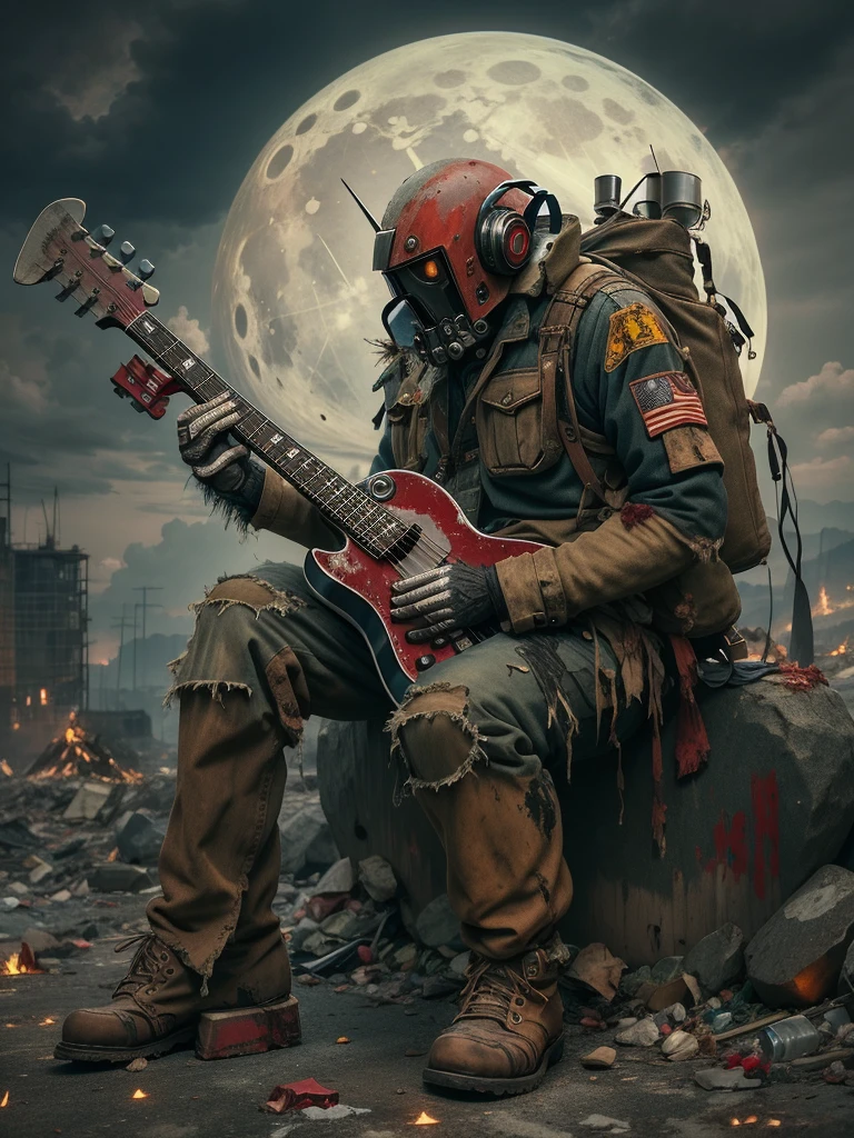 wasteland，(A very poor old mech sitting on a rock playing guitar:1.3)，(the guitar player)，(Sitting:1.2)，rust，Wearing tattered armor，Viewers in the distance，Gothic，(Concert scene），(Gothic Stage:1.5)，（Blood red moon），Gothic Elements，wildfires，cold，gloomy