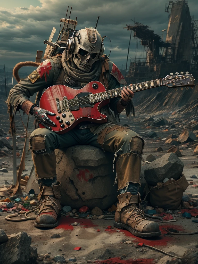 yermo，(Un viejo robot muy pobre sentado en una roca tocando la guitarra.:1.3)，(el guitarrista)，(Sesión:1.2)，óxido，Usando armadura hecha jirones，Espectadores a lo lejos，gótico，(Escena del concierto），(gótico舞台:1.5)，（Luna roja sangre），gótico元素，incendios forestales，Frío，sombrío