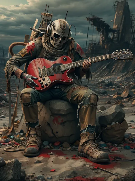 wasteland，(A very poor old mech sitting on a rock playing guitar:1.3)，(the guitar player)，(Sitting:1.2)，rust，Wearing tattered ar...