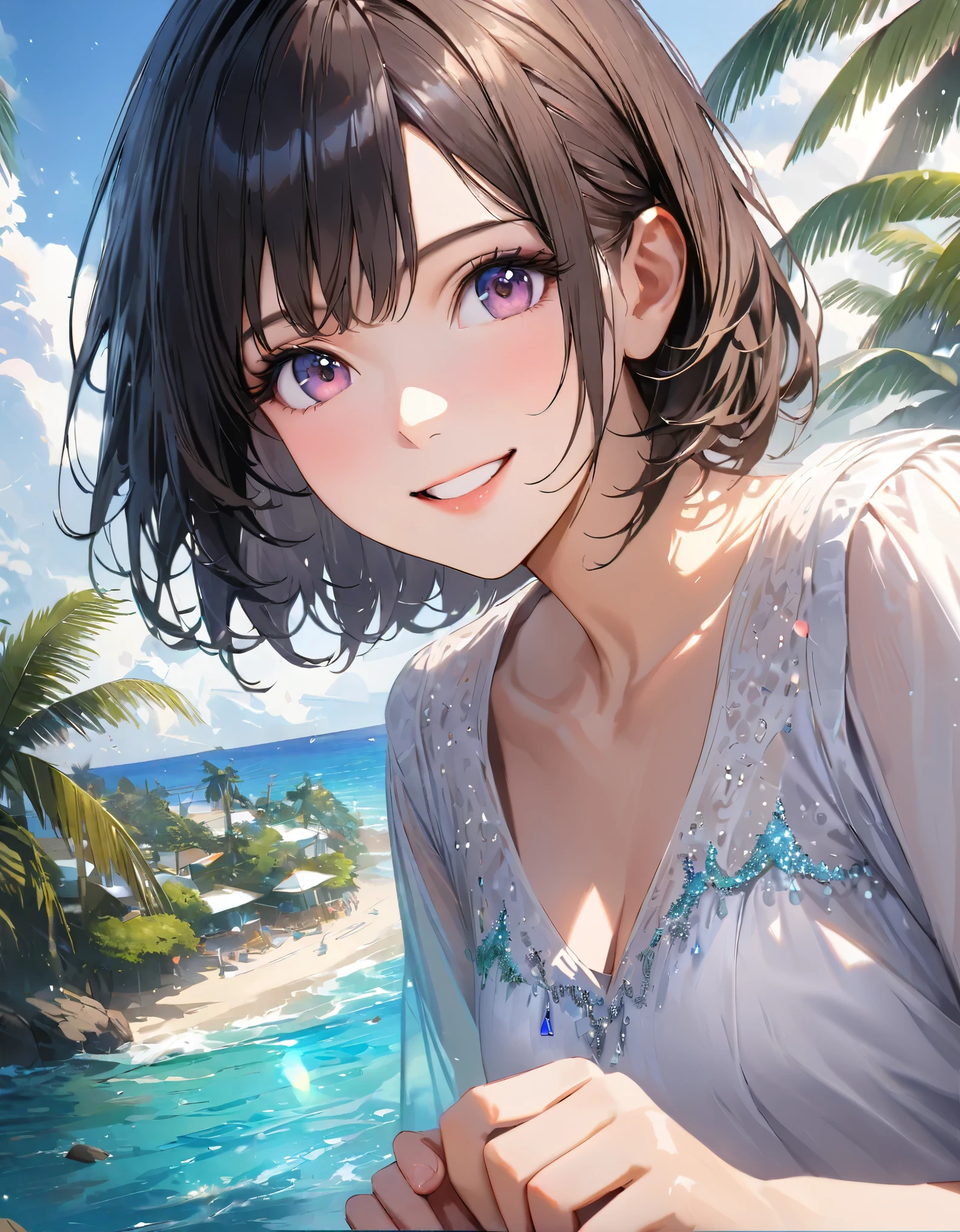 Sparkling sea and tropical ocean, Sunny sky with fluffy white clouds, Palm trees along the coast, Blur the background,Pleasant sea breeze,Two young women,Black short hair,smile,Glitter effect,highest quality, 4K, 8k, High resolution, masterpiece:1.2, Very detailed, Realistic:1.37, High resolution, 超High resolution, Ultra-fine painting, Sharp focus, Physically Based Rendering, Very detailedな説明, Professional, Vibrant colors