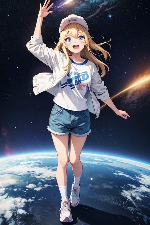 Anime drawings、Full body portrait、Space SF Captain、A woman, about 28 years old, standing upright, about 165cm tall, wearing a grey jacket, white T-shirt and shorts.、Laughing with mouth open、Hairstyle is semi-long straight、Blonde、Blue Eyes、Socks and sneakers、Cap