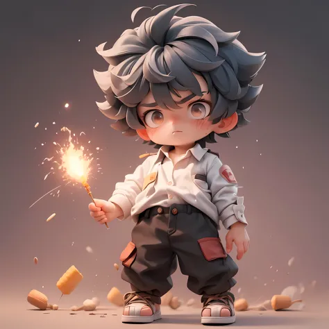 A boy with disheveled hair, Holding firecrackers in hand,lit firecrackers,white shirt,Opened two buttons,The expression is serio...
