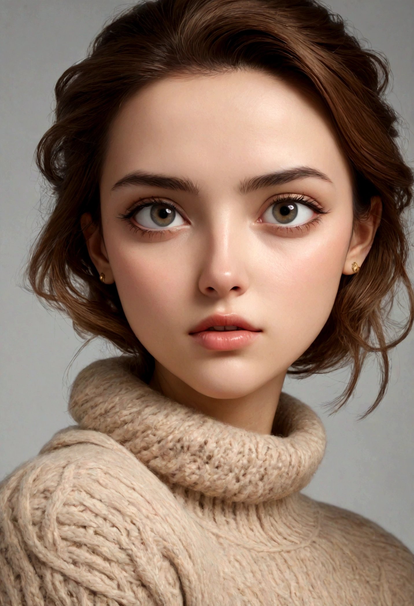 ((Best quality, 8k, Masterpiece :1.3)), Sharp focus :1.2,  (Photorealistic), (1girl), Beautiful Face, (Realistic Face),Beautiful Hairstyle, Realistic eyes, beautiful detail eyes, (realistic skin), beautiful skin, (sweater), absurd, attractive, ultra high resolution, ultra realistic, high definition, golden ratio,Good hands、10、high-reaster-piece、highest quality、head:1.3、((Hasselblad photo))、Fine Skin、crisp focus、(Light like a movie)、gentle lighting、Dynamic Ungle、[:(detailed face:1.2):0.2]、 Negative Pro, Highly detailed face and skin texture, Detailed eyes, Double eyelid,masterpiece,super fine eyes,super fine hand, face zoom, perfect makeup,(Huge breasts that look like they might burst:1.1)