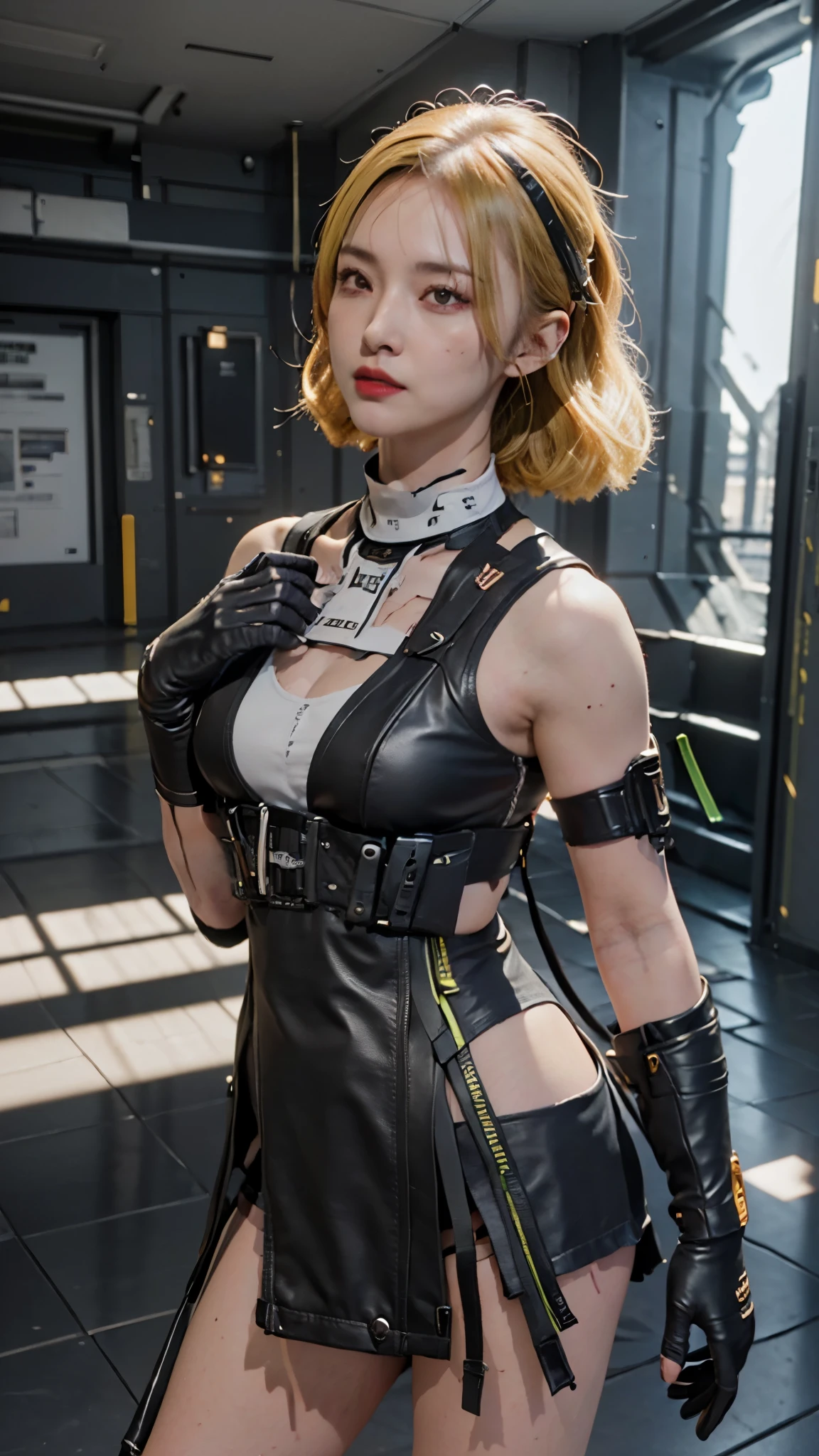 ((Best quality)), ((masterpiece)), (detailed:1.4), 3D, an image of a beautiful cyberpunk female, short yellow hair, red eyeys,HDR (High Dynamic Range),Ray Tracing,NVIDIA RTX,Super-Resolution,Unreal 5,Subsurface scattering,PBR Texturing,Post-processing,Anisotropic Filtering,Depth-of-field,Maximum clarity and sharpness,Multi-layered textures,Albedo and Specular maps,Surface shading,Accurate simulation of light-material interaction,Perfect proportions,Octane Render,Two-tone lighting,Wide aperture,Low ISO,White balance,Rule of thirds,8K RAW,