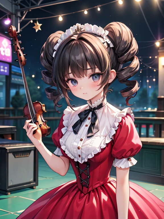 masterpiece, highest quality, Very detailed, 16k, Ultra-high resolution, 17-year-old girl, Detailed face, Anatomically correct, black eye, Black Hair, Long Hair, Drill Hair, (mega twin drills:1.5), (victorian dress:1.6), (Red dress:1.5), Shoulder-to-shoulder clothing, Skirt with a widened hem, High heels, necklace, Concert Venues, violin, violinを持つ, Performance