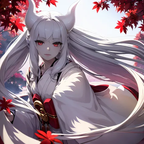 Otsutsuki, white long hair, white pointed horns, ruby ​​eyes, pale skin, white kimono, male 20 years old