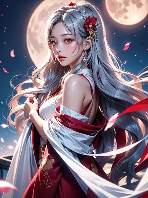 high resolution、high quality、One very beautiful woman、Silver Hair、Smooth long hair、White skin、Red Eyes、Stylish white and red kim...