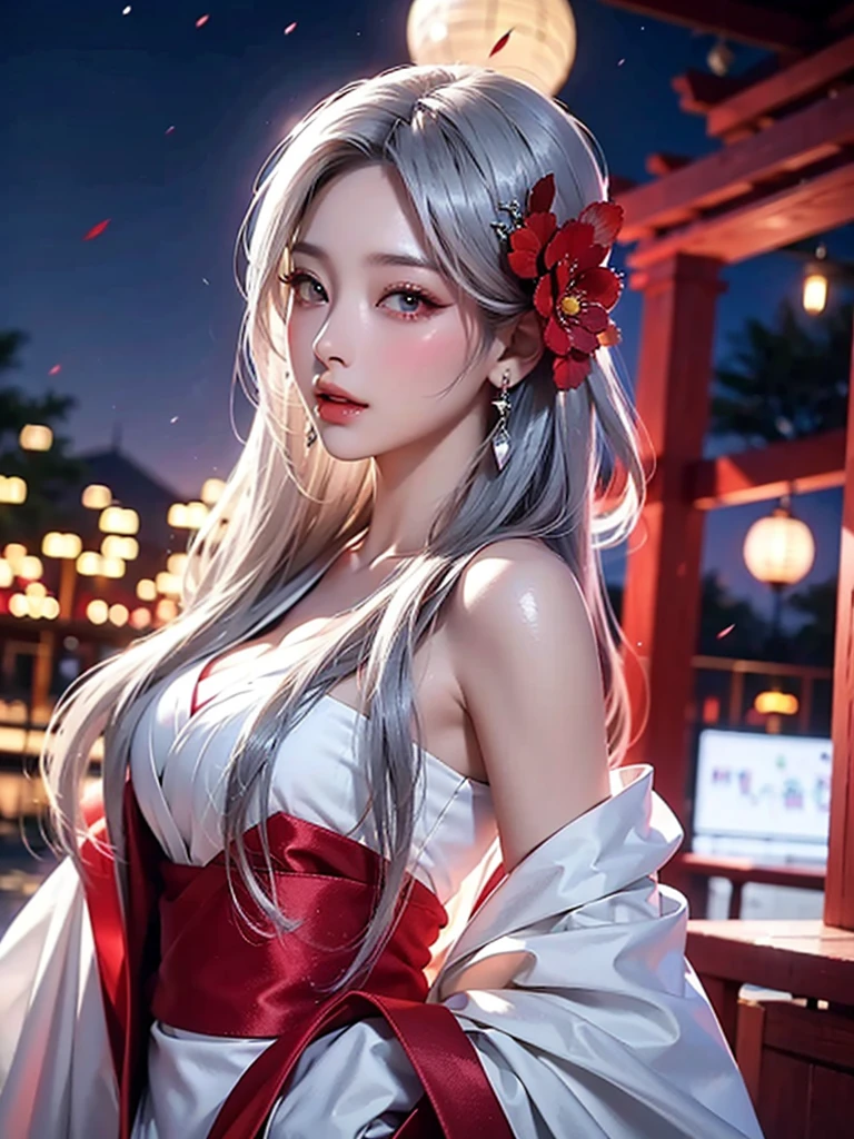 Alta resolución、alta calidad、una mujer muy hermosa、Cabello plateado、pelo largo y liso、piel blanca、ojos rojos、Elegante kimono blanco y rojo、Hermoso paisaje de luna llena