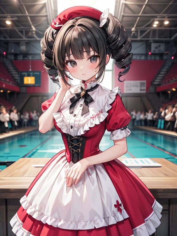 masterpiece, highest quality, Very detailed, 16K, Ultra-high resolution, 17-year-old girl, Detailed face, Anatomically correct, black eye, Black Hair, Long Hair, Drill Hair, (mega twin drills:1.5), (victorian dress:1.6), (Red dress:1.5), Shoulder-to-shoulder clothing, Skirt with a widened hem, necklace, Concert Venues, guitarshop, guitar, Guitar playing
