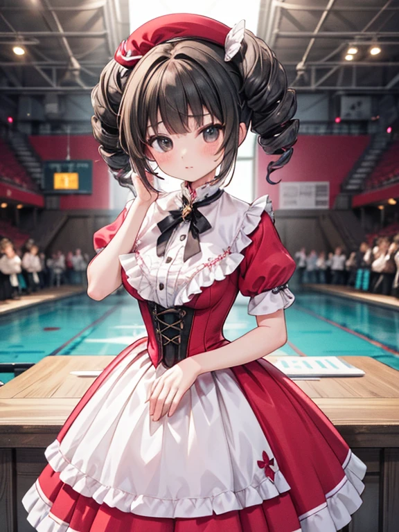 masterpiece, highest quality, Very detailed, 16k, Ultra-high resolution, 17-year-old girl, Detailed face, Anatomically correct, black eye, Black Hair, Long Hair, Drill Hair, (mega twin drills:1.5), (victorian dress:1.6), (Red dress:1.5), Shoulder-to-shoulder clothing, Skirt with a widened hem, necklace, Concert Venues, guitarshop, guitar, guitar演奏