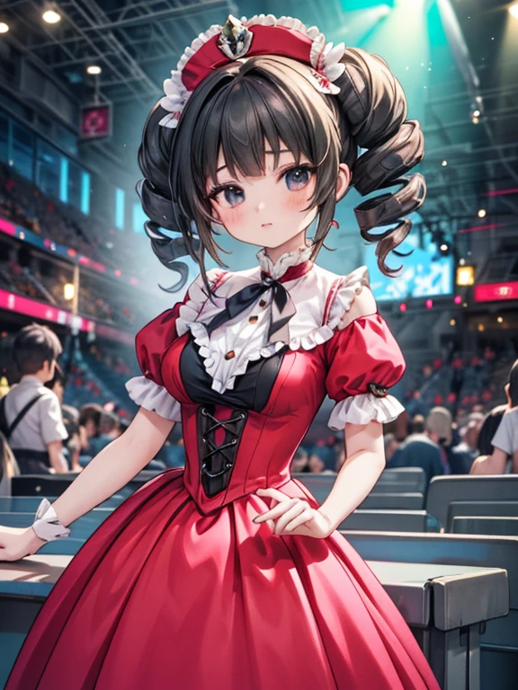 masterpiece, highest quality, Very detailed, 16k, Ultra-high resolution, 17-year-old girl, Detailed face, Anatomically correct, black eye, Black Hair, Long Hair, Drill Hair, (mega twin drills:1.5), (victorian dress:1.6), (Red dress:1.5), Shoulder-to-shoulder clothing, Skirt with a widened hem, necklace, Concert Venues, guitarshop, guitar, guitar演奏