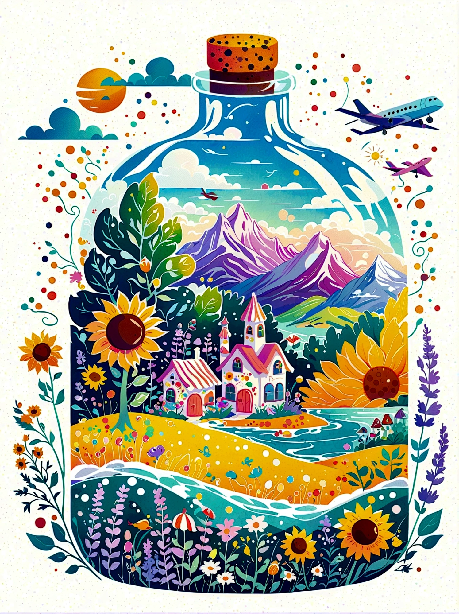 1pzsj1, (flat, user interface vector style), (world in a bottle), heavenly colors, colorful fantasy candy house, fairy tale world, spring, seaside, rios, tree house, sunflower field, lavender, mountains, peaks, big trees, (simple illustration), (smooth line art: 1.2), (minimalism), white background, (graphic design aesthetics), (flat illustration), (Plane illustration)