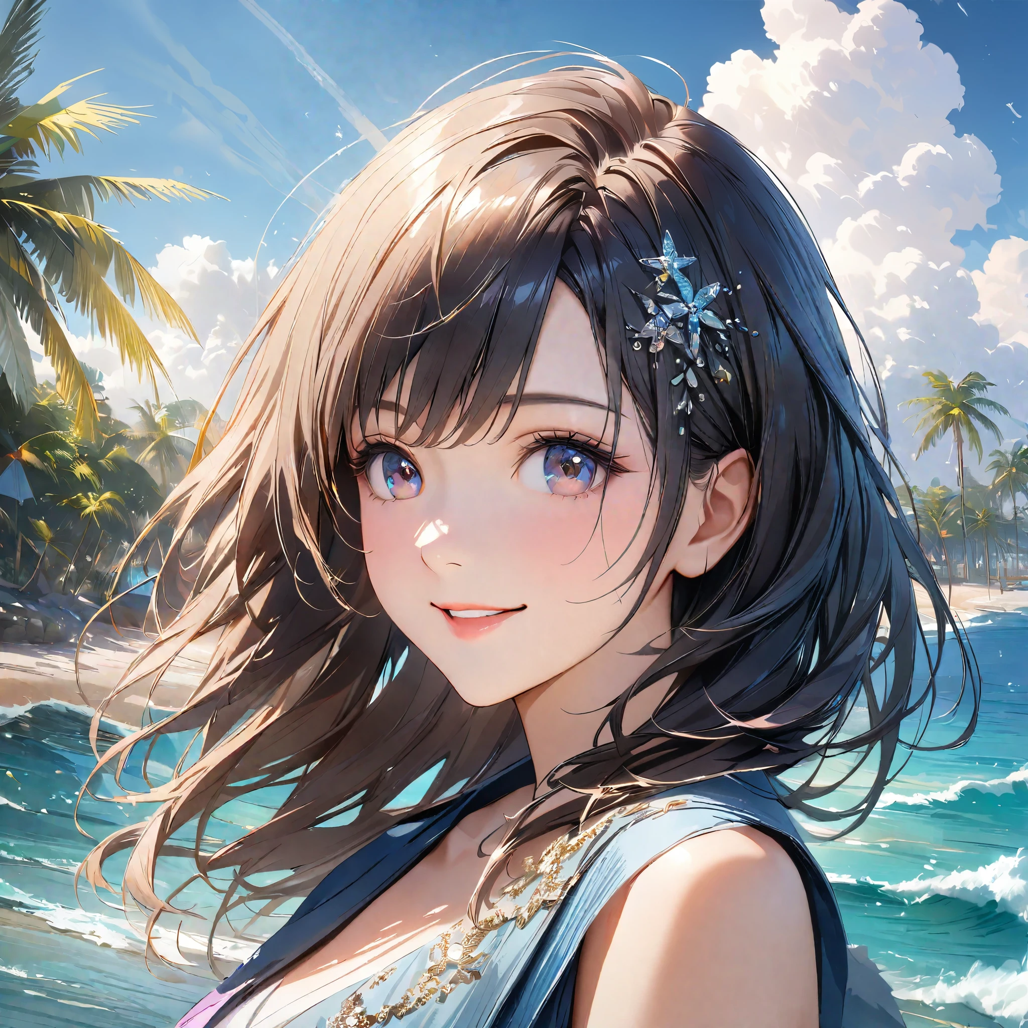 Sparkling sea and tropical ocean, Sunny sky with fluffy white clouds, Palm trees along the coast, Blur the background,Pleasant sea breeze,Two young women,Black short hair,smile,Glitter effect,highest quality, 4K, 8k, High resolution, masterpiece:1.2, Very detailed, Realistic:1.37, High resolution, 超High resolution, Ultra-fine painting, Sharp focus, Physically Based Rendering, Very detailedな説明, Professional, Vibrant colors