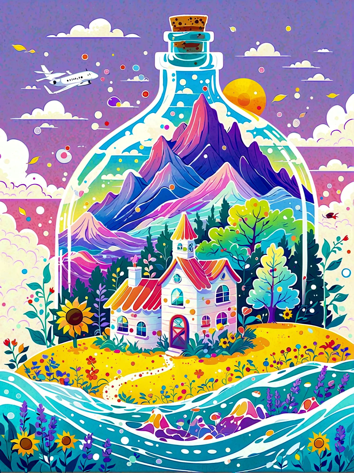(flat, user interface vector style), (world in a bottle), heavenly colors, colorful fantasy candy house, fairy tale world, sprin...