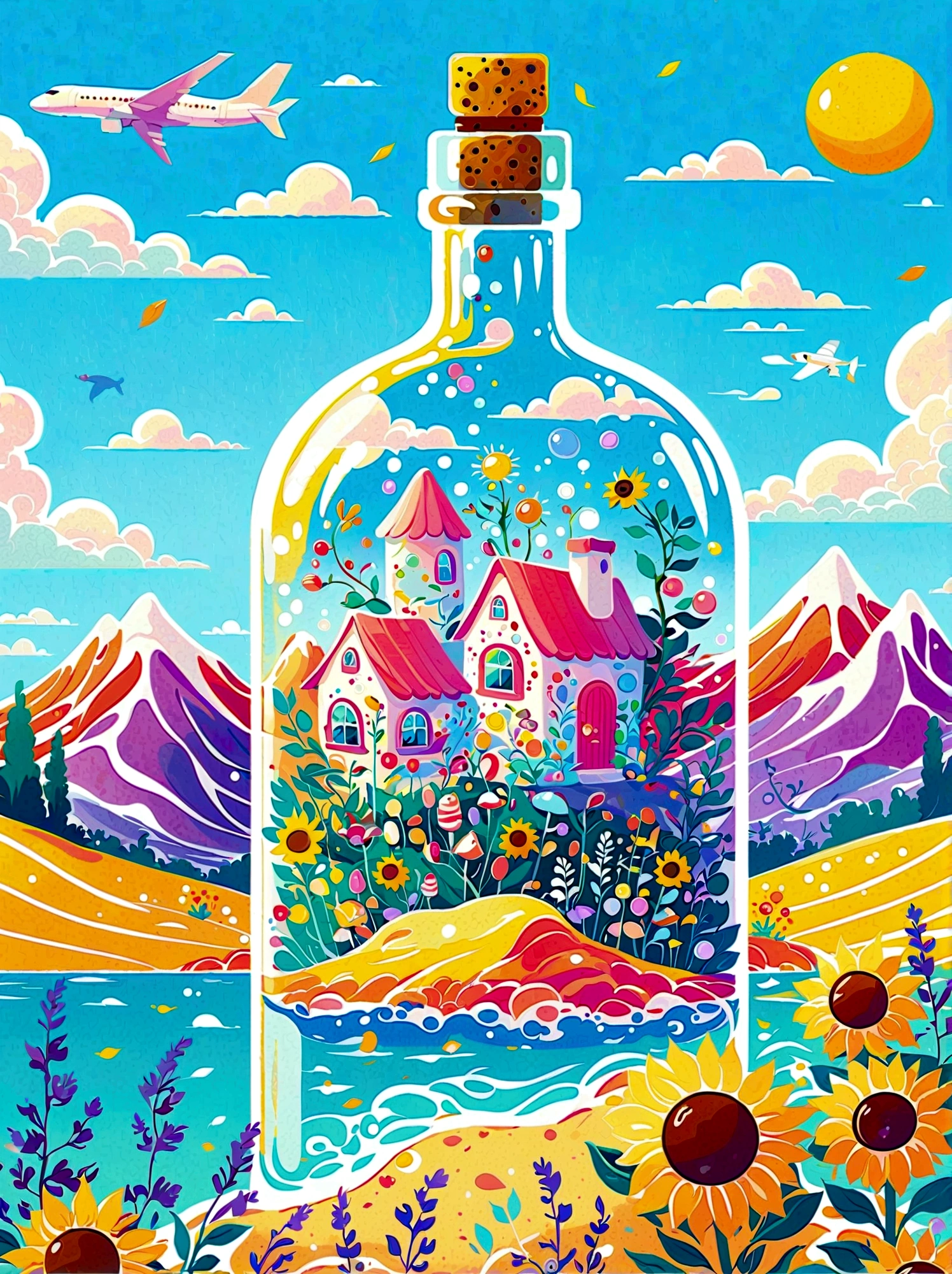 (flat, user interface vector style), (world in a bottle), heavenly colors, colorful fantasy candy house, fairy tale world, spring, seaside, rios, tree house, sunflower field, lavender, mountains, peaks, big trees, (simple illustration), (smooth line art: 1.2), (minimalism), white background, (graphic design aesthetics), (flat illustration), (Plane illustration)