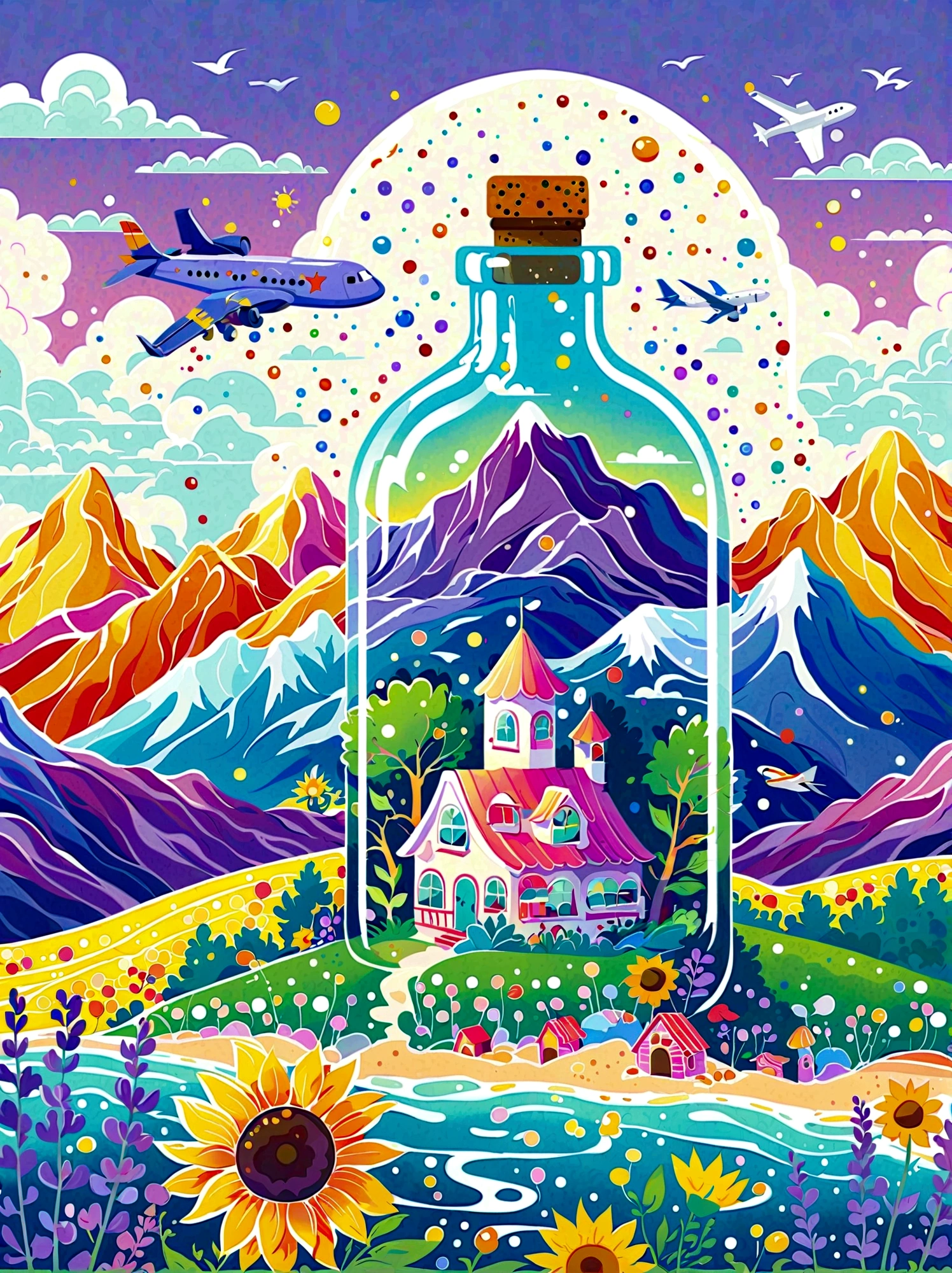 (flat, user interface vector style), (world in a bottle), heavenly colors, colorful fantasy candy house, fairy tale world, spring, seaside, rios, tree house, sunflower field, lavender, mountains, peaks, big trees, (simple illustration), (smooth line art: 1.2), (minimalism), white background, (graphic design aesthetics), (flat illustration), (Plane illustration)