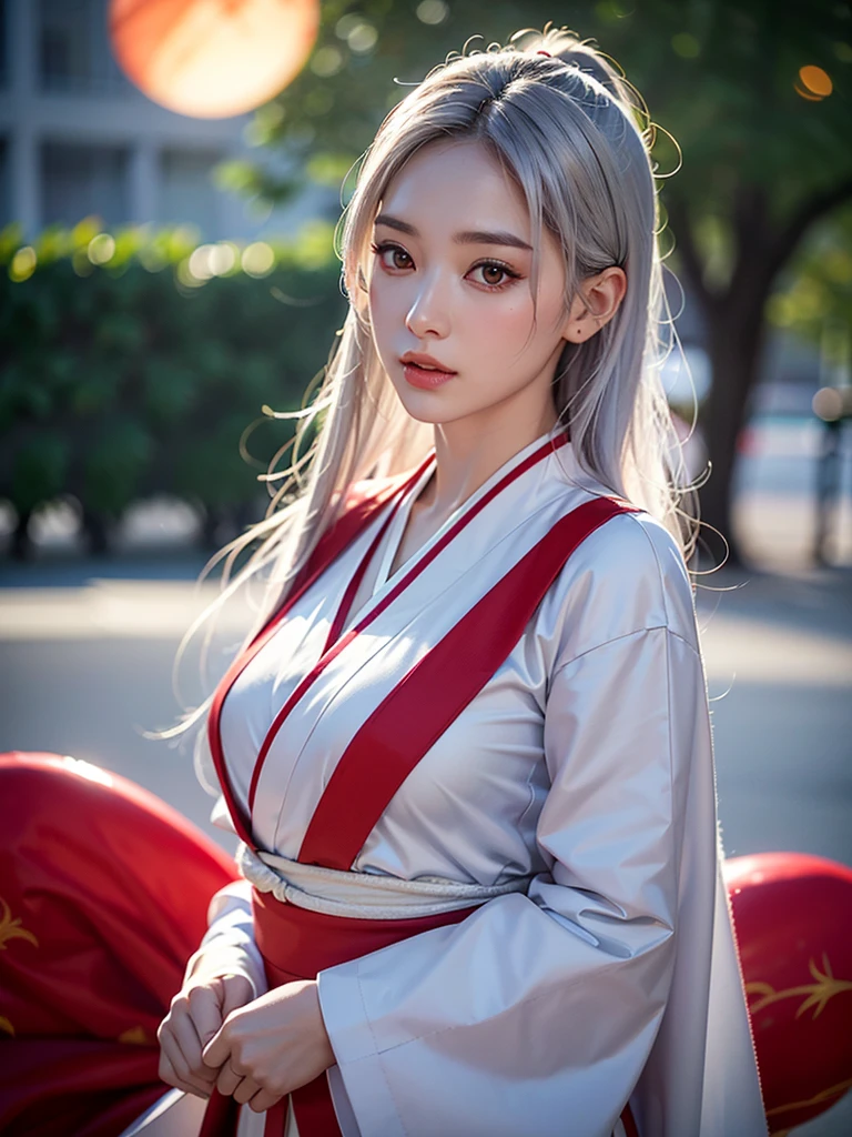 a very beautiful woman with silver hair and smooth long hair, white skin, red eyes, wearing a stylish white and red kimono, in a beautiful full moon scenery, protected by the white big fox god, (best quality,4k,8k,highres,masterpiece:1.2),ultra-detailed,(realistic,photorealistic,photo-realistic:1.37),HDR,UHD,studio lighting,ultra-fine painting,sharp focus,physically-based rendering,extreme detail description,professional,vivid colors,bokeh,portraits