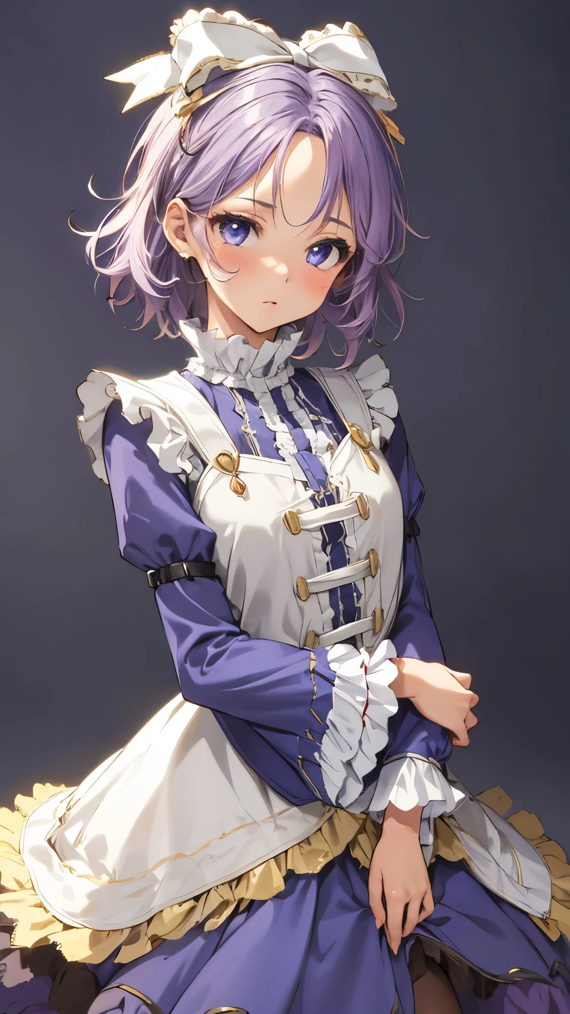 (upper body:1.3),aalatooni, short hair,light purple hair,forehead,hair bow, frills, blue frilled dress, long sleeves, pantyhose,blush,(arms behind back),masterpiece,Noise Reduction,perfect anatomy,high resolution, ultra-detailed,game cg,dutch angle ,beautiful detailed eyes,visualart,five fingers, perfect hands, perfect lighting