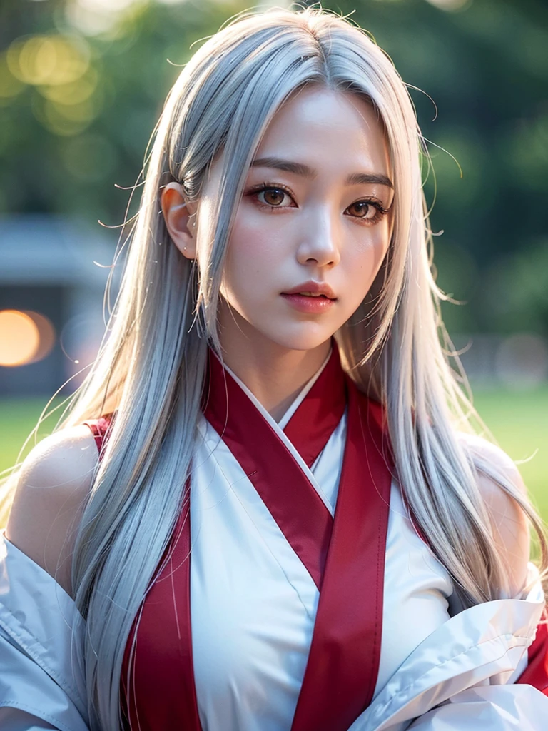 a very beautiful woman with silver hair and smooth long hair, white skin, red eyes, wearing a stylish white and red kimono, in a beautiful full moon scenery, protected by the white big fox god, (best quality,4k,8k,highres,masterpiece:1.2),ultra-detailed,(realistic,photorealistic,photo-realistic:1.37),HDR,UHD,studio lighting,ultra-fine painting,sharp focus,physically-based rendering,extreme detail description,professional,vivid colors,bokeh,portraits