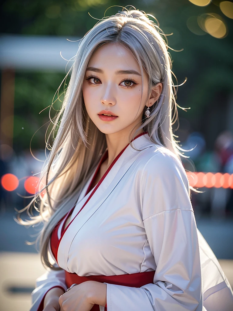 a very beautiful woman with silver hair and smooth long hair, white skin, red eyes, wearing a stylish white and red kimono, in a beautiful full moon scenery, protected by the white big fox god, (best quality,4k,8k,highres,masterpiece:1.2),ultra-detailed,(realistic,photorealistic,photo-realistic:1.37),HDR,UHD,studio lighting,ultra-fine painting,sharp focus,physically-based rendering,extreme detail description,professional,vivid colors,bokeh,portraits