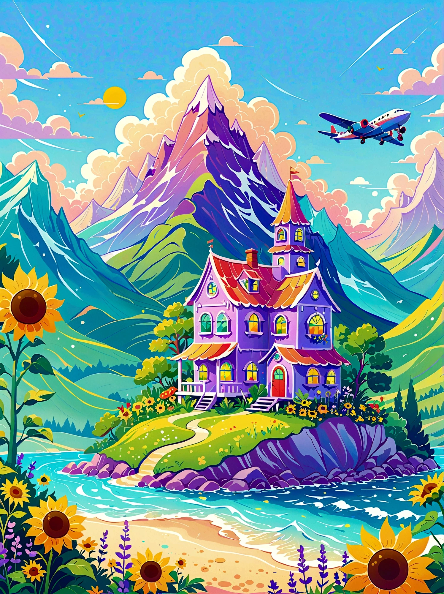 1pzsj1, (flat, user interface vector style), (world in a bottle), heavenly colors, colorful fantasy candy house, fairy tale world, spring, seaside, rios, tree house, sunflower field, lavender, mountains, peaks, big trees, (simple illustration), (smooth line art: 1.2), (minimalism), white background, (graphic design aesthetics), (flat illustration), (Plane illustration)