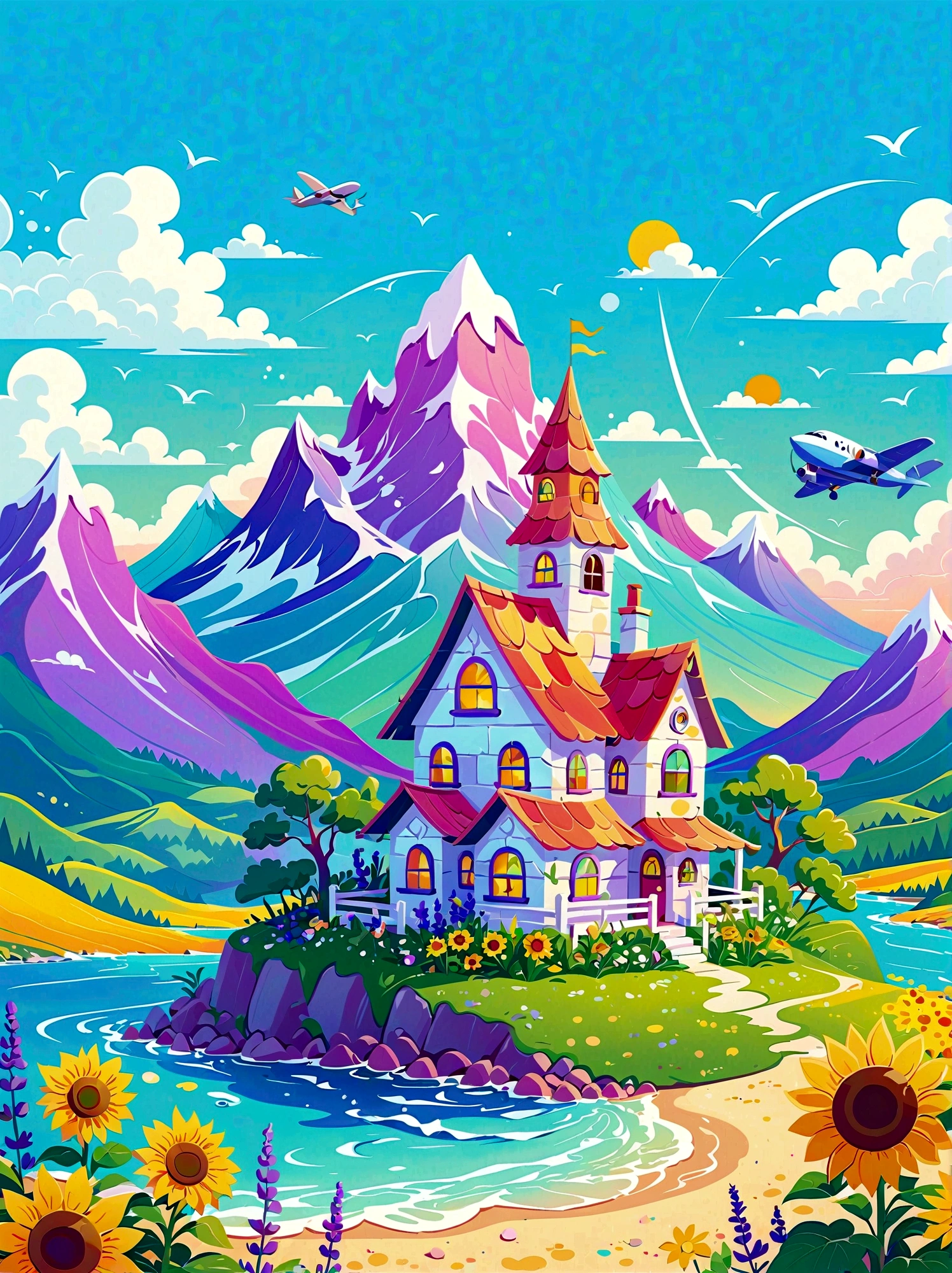 1pzsj1, (flat, user interface vector style), (world in a bottle), heavenly colors, colorful fantasy candy house, fairy tale world, spring, seaside, rios, tree house, sunflower field, lavender, mountains, peaks, big trees, (simple illustration), (smooth line art: 1.2), (minimalism), white background, (graphic design aesthetics), (flat illustration), (Plane illustration)