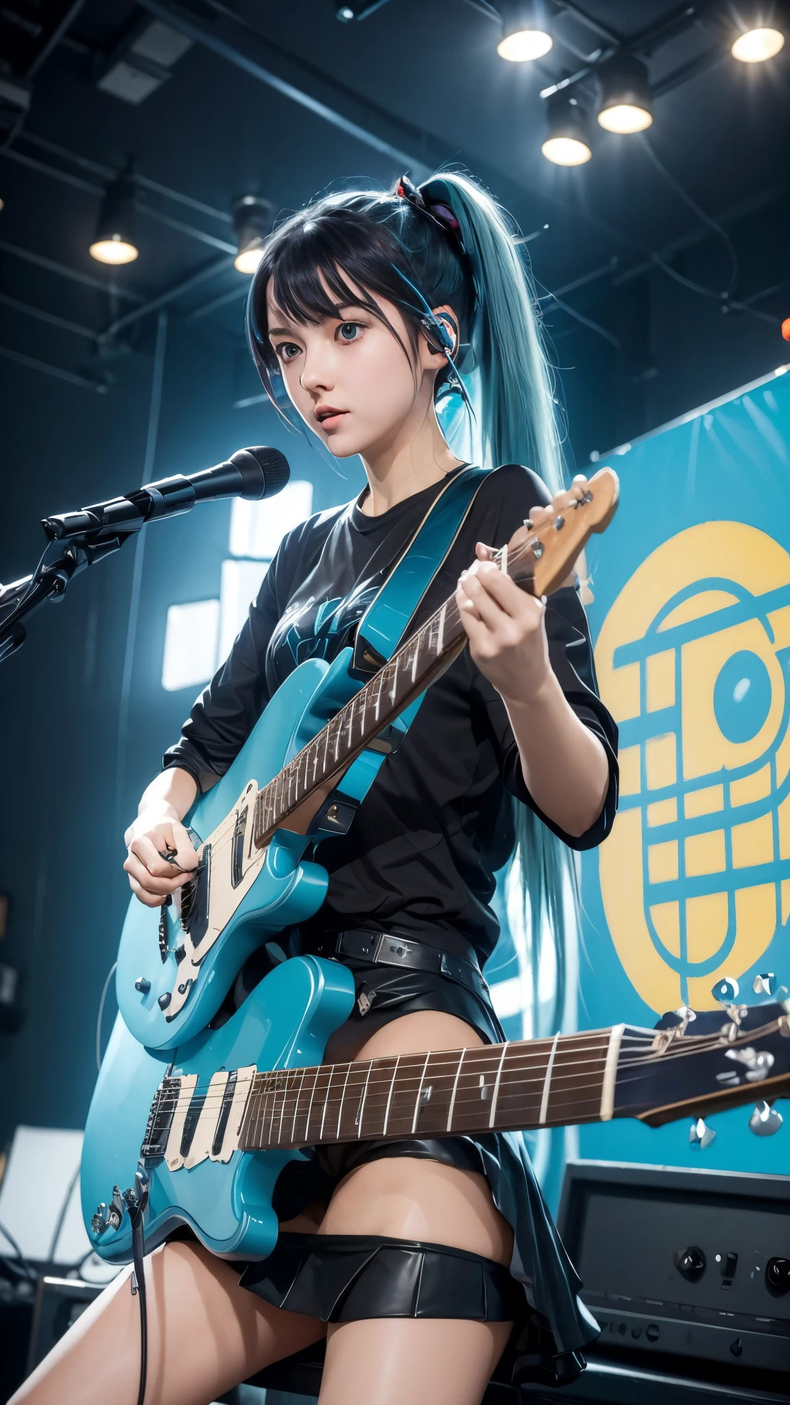 ((masterpiece, best quality))1girl, solo, black dress, blue eyes, electric guitar, guitar, headphones, double ponytail, holding, holding plectrum, instrument, long hair, music, one side up, teal hair, twin tails, playing guiter, pleated skirt, black shirt, interior