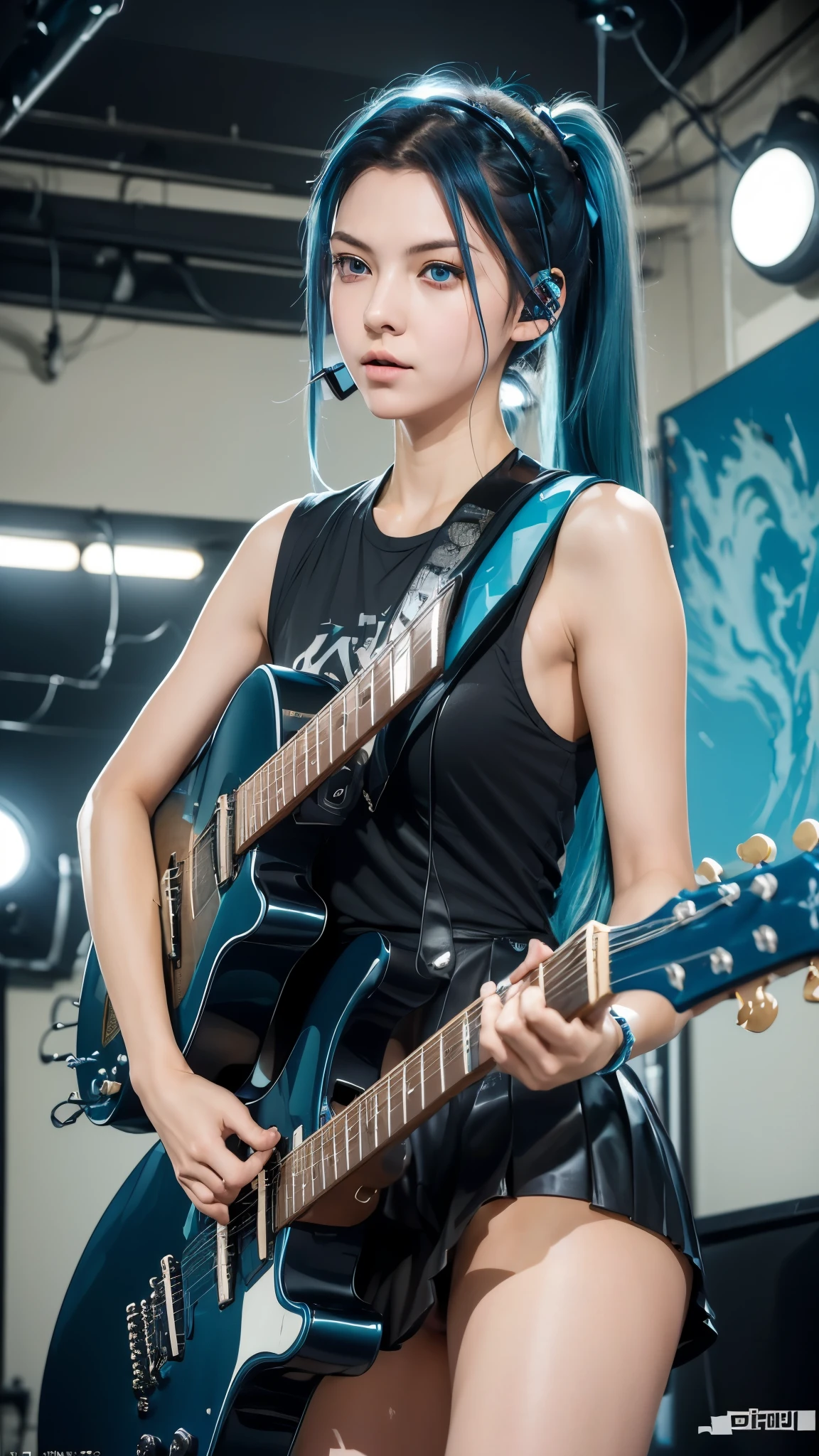 ((masterpiece, best quality))1girl, solo, black dress, blue eyes, electric guitar, guitar, headphones, double ponytail, holding, holding plectrum, instrument, long hair, music, one side up, teal hair, twin tails, playing guiter, pleated skirt, black shirt, interior