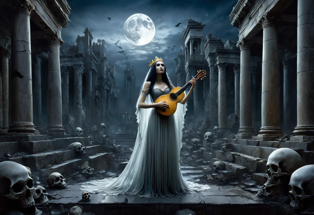 High Resolution, High Quality , Masterpiece. Hyperrealistic concept art of Requiem for the Realms depicting a transparent ghostly princess with ethereal beauty, mandolin in hand, serenading amid ancient ruins strewn with skulls donning golden crowns, ominous crows accompanying the scene beneath a moonlit sky, atmospheric ambiance, dramatic shadows cast across the dilapidated structures, detailed references to the styles of Mike Davis and Kelley Jones, elegant composition . 16k