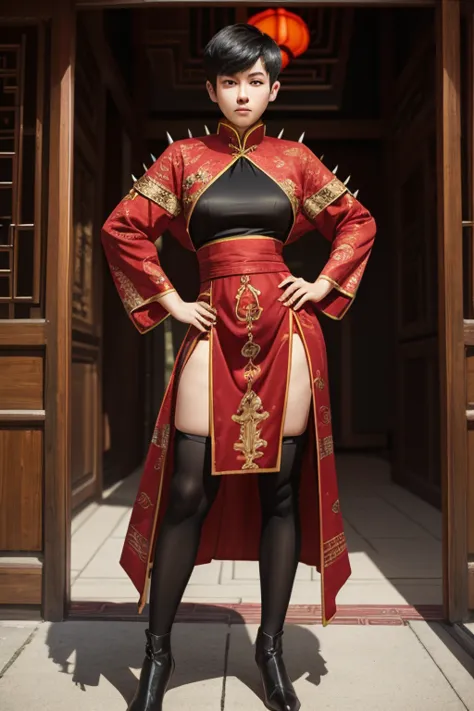 a young man having long legs, thick thighs, large hips, thin and narrow weist, and Chinese dress, very small spikey boyish hairc...