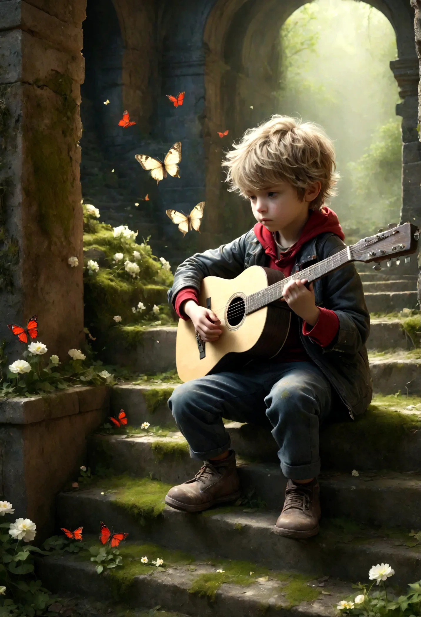 cannon fire，Little boy playing guitar in ruins, depressed, desolate, moss covered, Dilapidated, dirty, (best quality,4k,8K,High ...