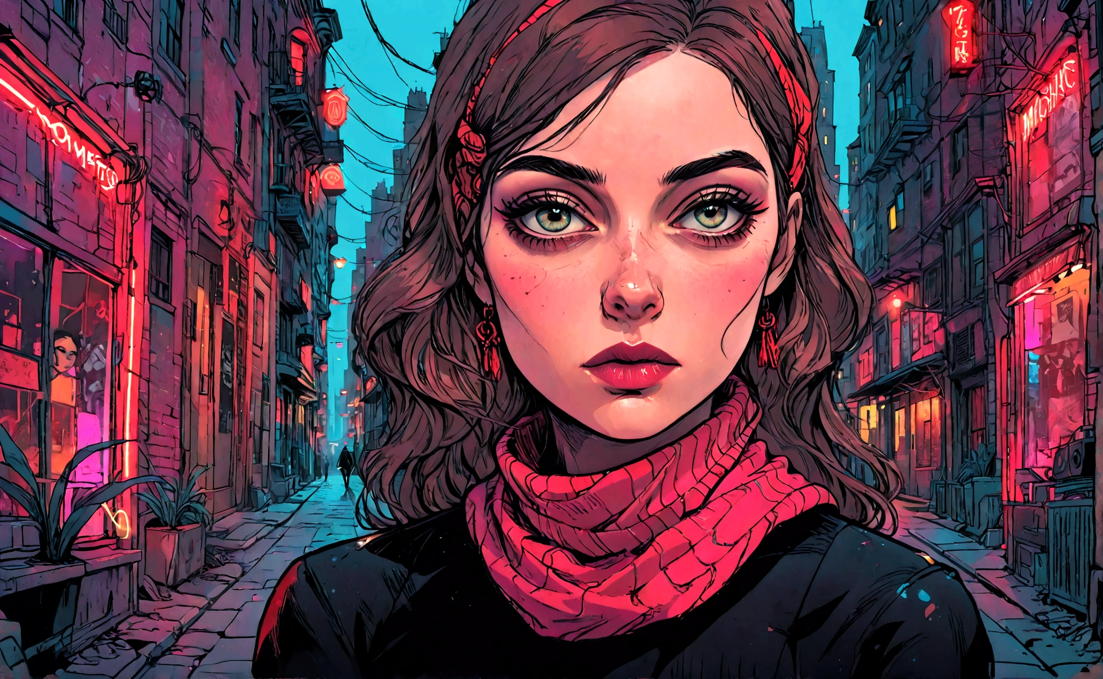 A stunningly beautiful young woman, a master thief, detailed portrait, beautiful detailed eyes, beautiful detailed lips, extremely detailed face and features, long eyelashes, mysterious expression, elegant pose, dark catsuit, red scarf, urban night city background, neon lights, cinematic lighting, moody colors, dramatic atmosphere, (best quality, 4k, 8k, highres, masterpiece:1.2), ultra-detailed, (realistic, photorealistic, photo-realistic:1.37), cinematic, dramatic lighting, high contrast
