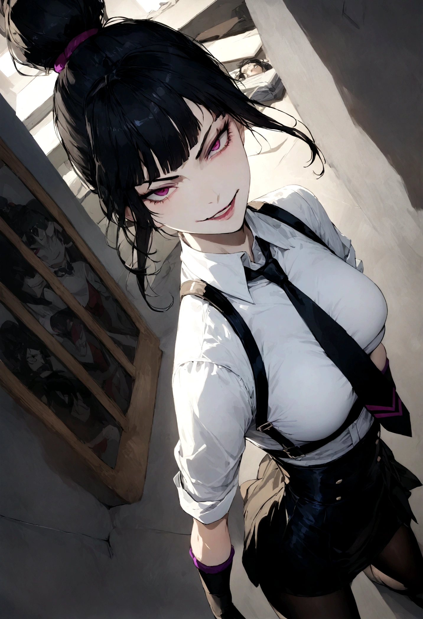 juri han, work of art, tight white secretary shirt with black tie, black high waist skirt, short skirt,stocking, black hair, black tights,evil smile,office,franja nos olhos,lighting,chifre de cabelos,view from above,olhando para cima
