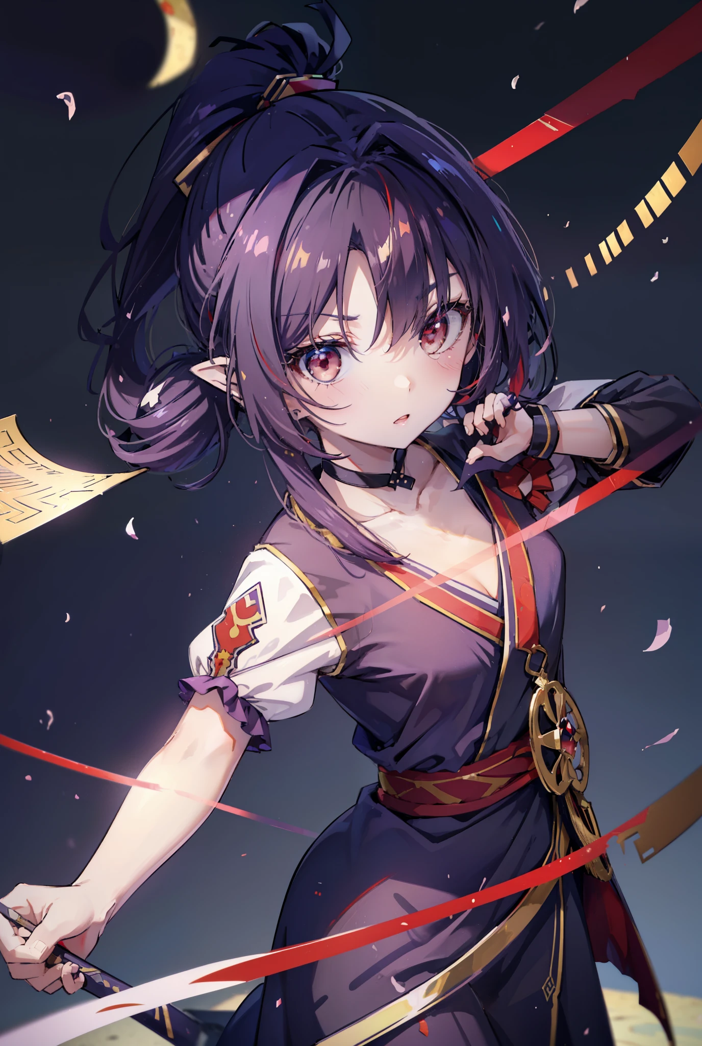 yuukikonno, Yuki Konno, hair band, Long Hair, Pointed Ears,ponytail, Purple Hair, (Red eyes:1.5), (Small breasts:1.2), Open your mouth,Purple kimono,Red too,boots,Japan sword 1:1 Hold the grip in your hand,
break looking at viewer, Upper Body, whole body,
break outdoors, Medieval European streets,
break (masterpiece:1.2), highest quality, High resolution, unity 8k wallpaper, (shape:0.8), (Narrow and beautiful eyes:1.6), Highly detailed face, Perfect lighting, Highly detailed CG, (Perfect hands, Perfect Anatomy),