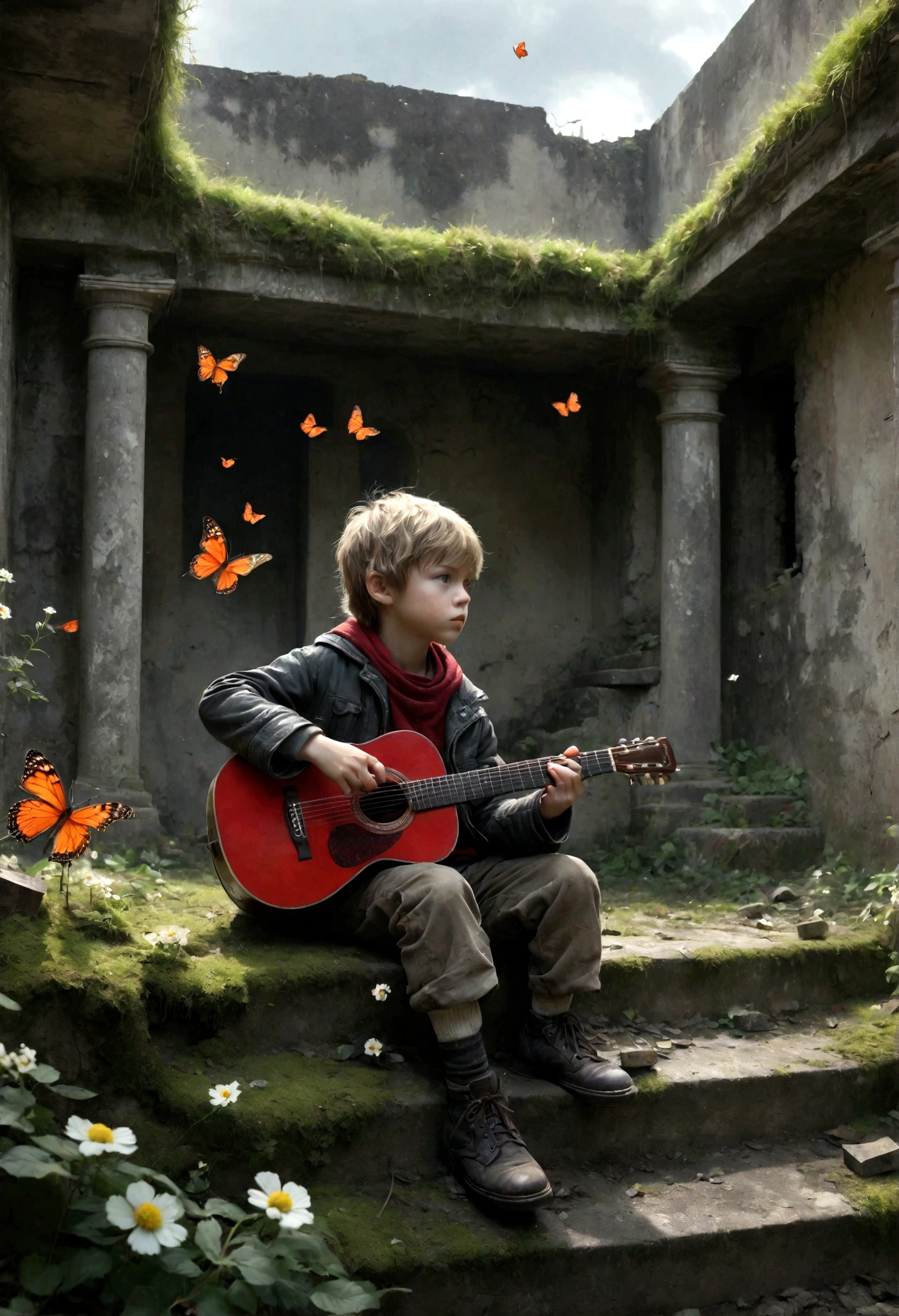 Gunfire outside the window，Little boy playing guitar in ruins, depressed, Eyes gaze，Dirty face，desolate, moss covered, Dilapidated, dirty, (best quality,4k,8K,High resolution,masterpiece:1.2),Extremely detailed,(Practical,photoPractical,photo-Practical:1.37),Dark Fantasy,severe,Mood lighting,Dramatic shadows,Movie,moody color palette,Soft Tones,Rubbish,rot,weathered，tattered，Small white flowers，Dungeons，cemetery，Black and Red，There is a broken bowl in front.，Footprinting，stairs，vine，rainwater，Swarms of glowing butterflies，A group of transparent wandering souls， Ghost