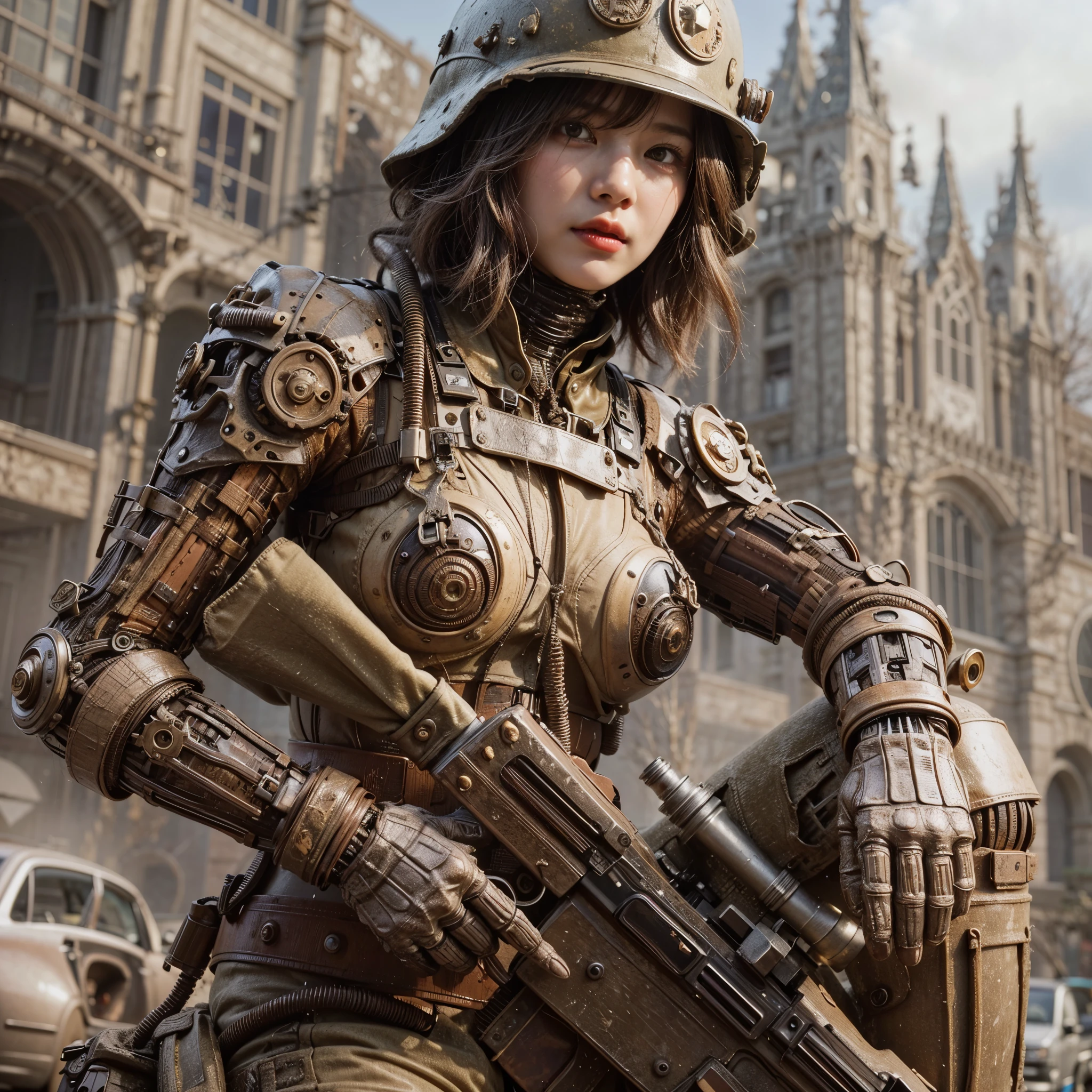 8K,Real Photo, Realistic Skin Texture, Super Realism, (WWII Era), (Mechanical Suit), Beautiful Forest Through Trees, Heavy Weapons, Vivid Textures, Beautiful Hair, Japanese Female Soldier, (Super Beautiful Face), Legs, ((Super Realistic All Textures)), ((Super Complex All Details))), full body shot, super clear photo results, olive drab color, scratches, rust, weathering, sweat, action poses in motion, steampunk, shot with Fujifilm X-T30 + Nokton. HDR10, at least 4 images created.