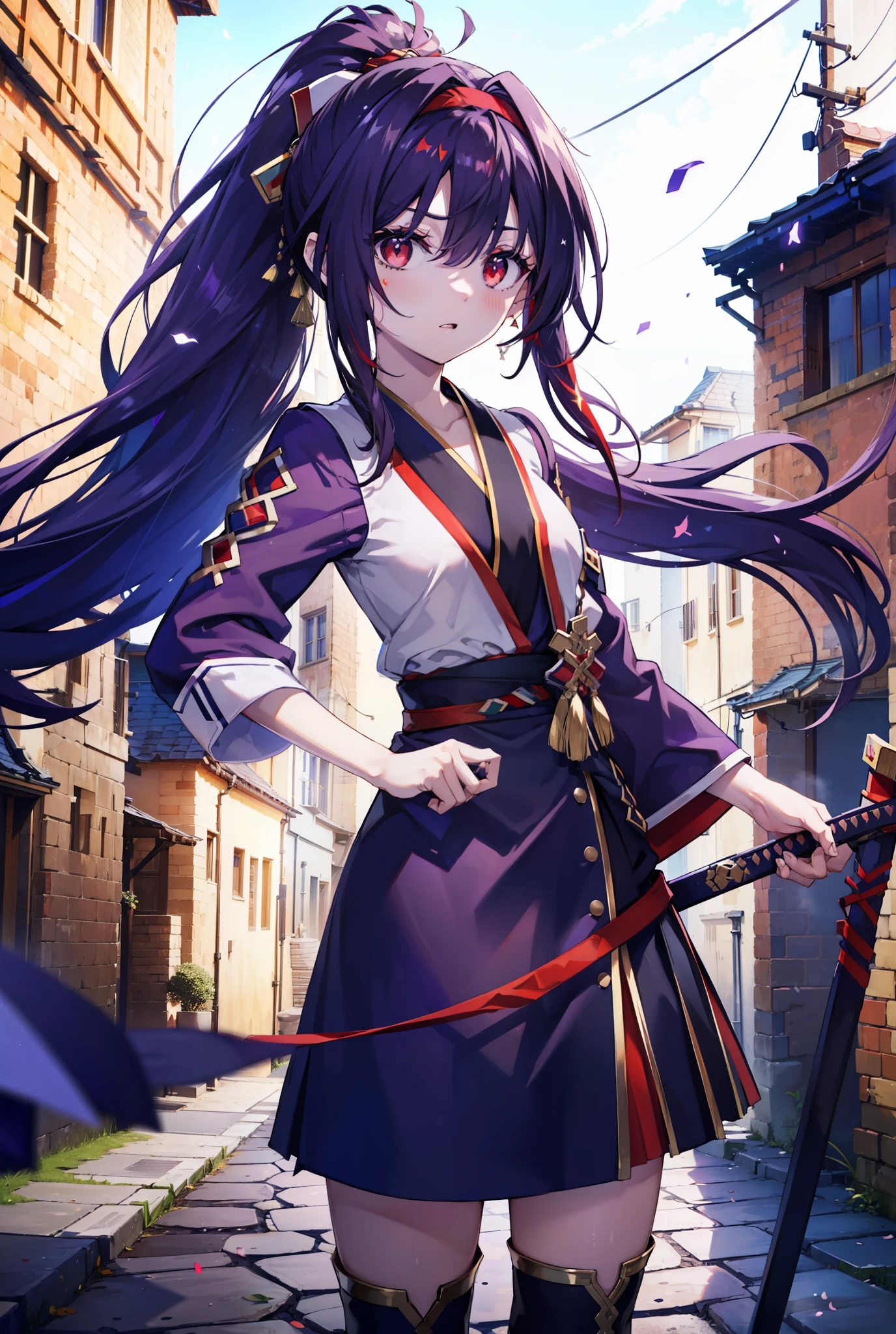 yuukikonno, Yuki Konno, hair band, Long Hair, Pointed Ears,ponytail, Purple Hair, (Red eyes:1.5), (Small breasts:1.2), Open your mouth,Purple kimono,Red too,boots,Hold the sword grip in your hand,
break looking at viewer, Upper Body, whole body,
break outdoors, Medieval European streets,
break (masterpiece:1.2), highest quality, High resolution, unity 8k wallpaper, (shape:0.8), (Narrow and beautiful eyes:1.6), Highly detailed face, Perfect lighting, Highly detailed CG, (Perfect hands, Perfect Anatomy),