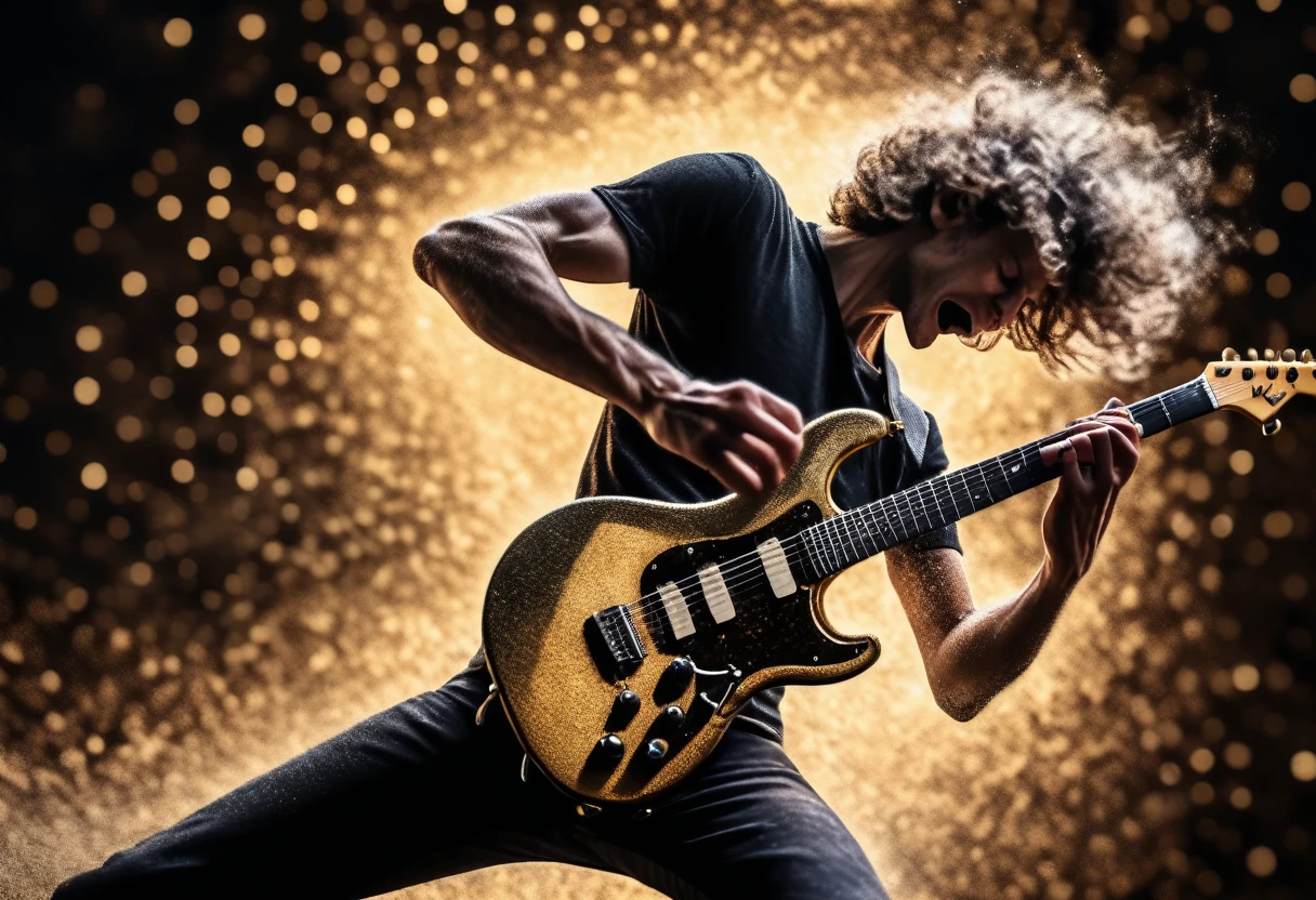 Rockgitarrist in einem leidenschaftlichen Solo, Energiewelle, HD-Hintergrund, Sony Alpha a7 III, pointillistische Präzision, Tilt-Shift-Objektive, dunkles Schwarz und helles Spotlight Gold