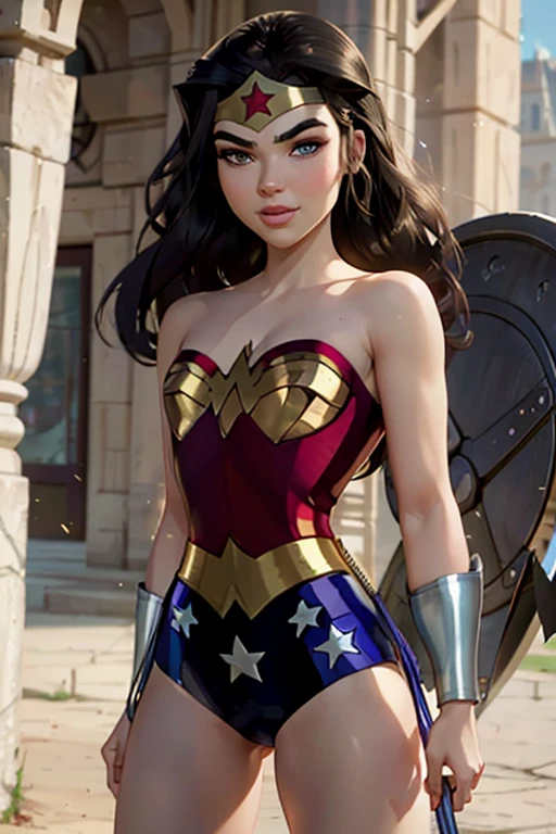 Realistic, Natural Beauty, Masterpiece, Hailee Steinfeld, Perfectly Accurate Face Proportion, Realistic Light Blue Eyes, Thick Eyebrows, Wonder Woman, Wonder Woman Tiara, Curve Wide Hips, Round Ass, Toned Thighs, Toned Arms, Grin On Her Face, Wonder Woman stands firmly with her shield in front. The tight suit outlines her powerful legs and the rounded shape of her buttocks. Her defensive posture, with one hand ready to draw her lasso, accentuates the snug fit of her suit, drawing attention to her athletic physique.