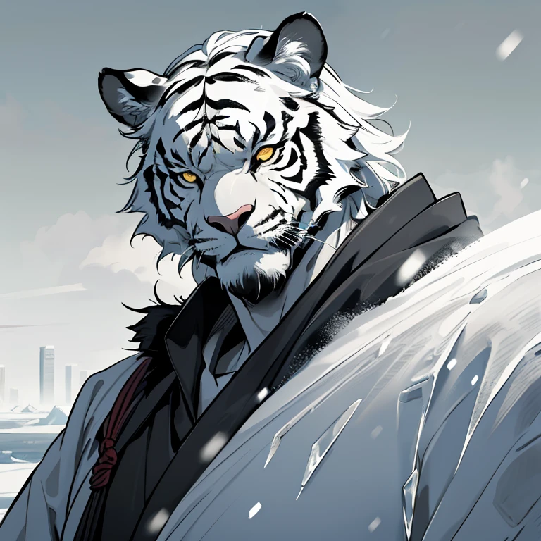 (White skinTiger),(Black and white yin and yang general battle robe),(Holding a long sword),力strong姿勢,Standing quietly,(The background is a city covered in ice and snow:1.2),(abdominal logics),Heroic Posture,A perfect masterpiece,Various facial details,Distance Perspective,Specific explanation,masterpiece,CG,(Golden Eyes),Black and white pattern,Crimson Tail,general,Heroic Posture,Tiger,black and white fur,Concrete face detail,Half Body,(Black and white yin and yang general combat boots),(Changling),((middle aged)),(Face Focus),(16k),High resolution,Black and white belly,Temple,beard,(Face line),Different students,(black and white yin yang ancient battle robe),(Black and white hair),(strong),(logic),(High resolution:1.3),(Standing in front of a city covered in ice and snow),(close),(Detailed face:1.5),Perfect detail,(Half Body),(Detailed depiction of the face:1.5),(Zoom in on face:1.5),(white Face line:1.2),(black beard:1.3),(White Face;1.6),White body,(White skin，Black Stripe:1.3),(White Cheeks:1.3),Pause:1.3,