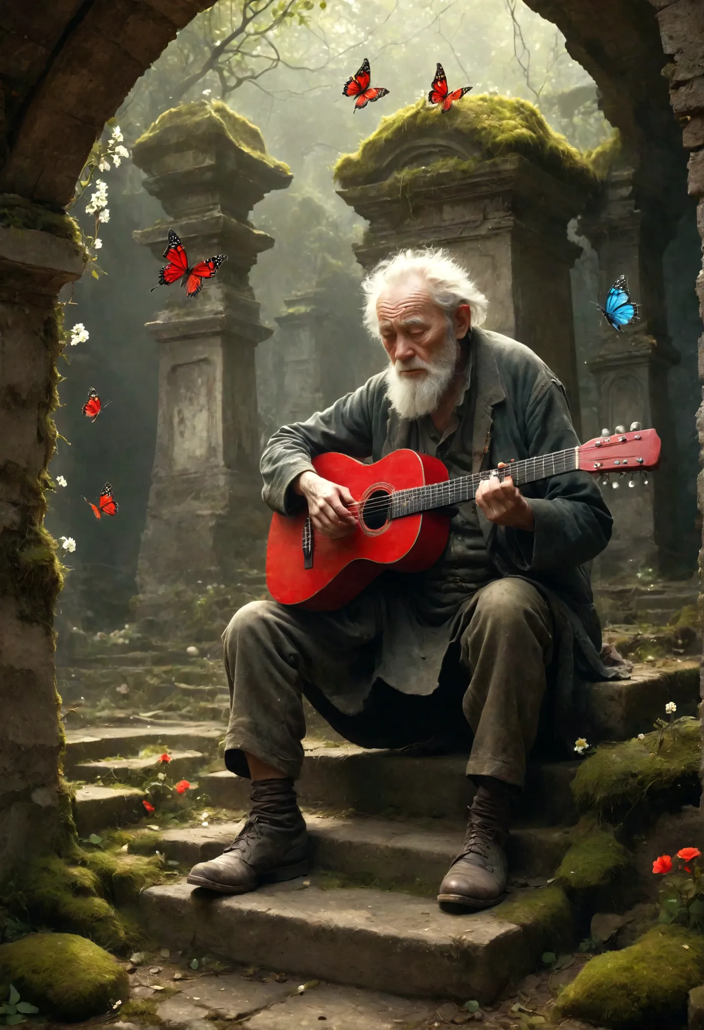 Wandering old man playing guitar, depressed, desolate, moss covered, Dilapidated, dirty, (best quality,4k,8K,High resolution,mas...