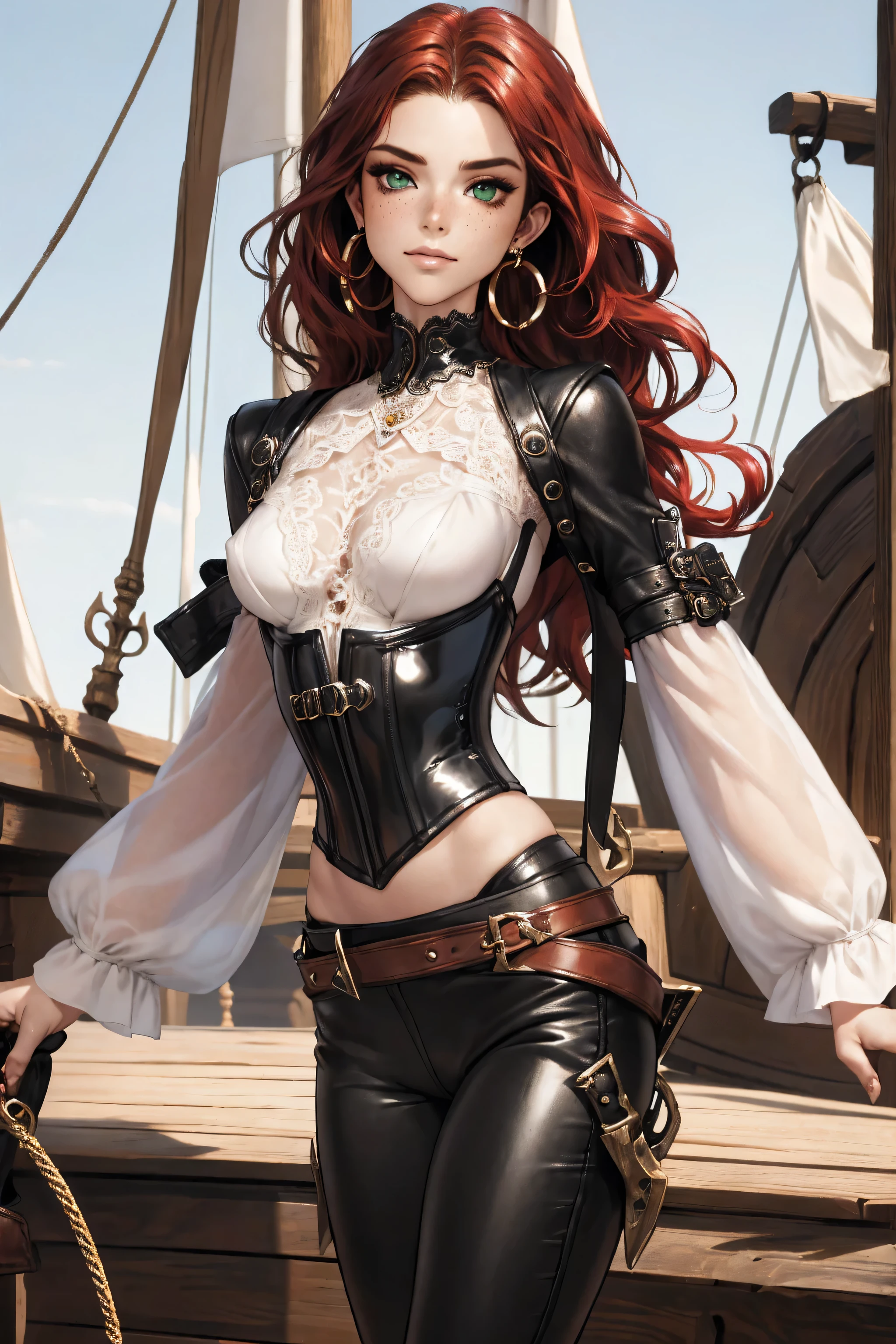 (masterpiece), best quality, expressive eyes, perfect face, (pirate ship background), (standing), (smirk), (closeup view), (1girl, , pale skin, freckled skin, dark red hair, wavy hairstyle, green eyes, hourglass figure, thin body, skinny body, petite_body, medium breasts, thick thighs, long fingernails, exposed bra, white front lace blouse, long sleeve, loose fit, black leather corset, black leather pants, black boots, sheathed cutlass sword, flintlock pistol in holster, hoop earrings, miscellaneous jewelry)